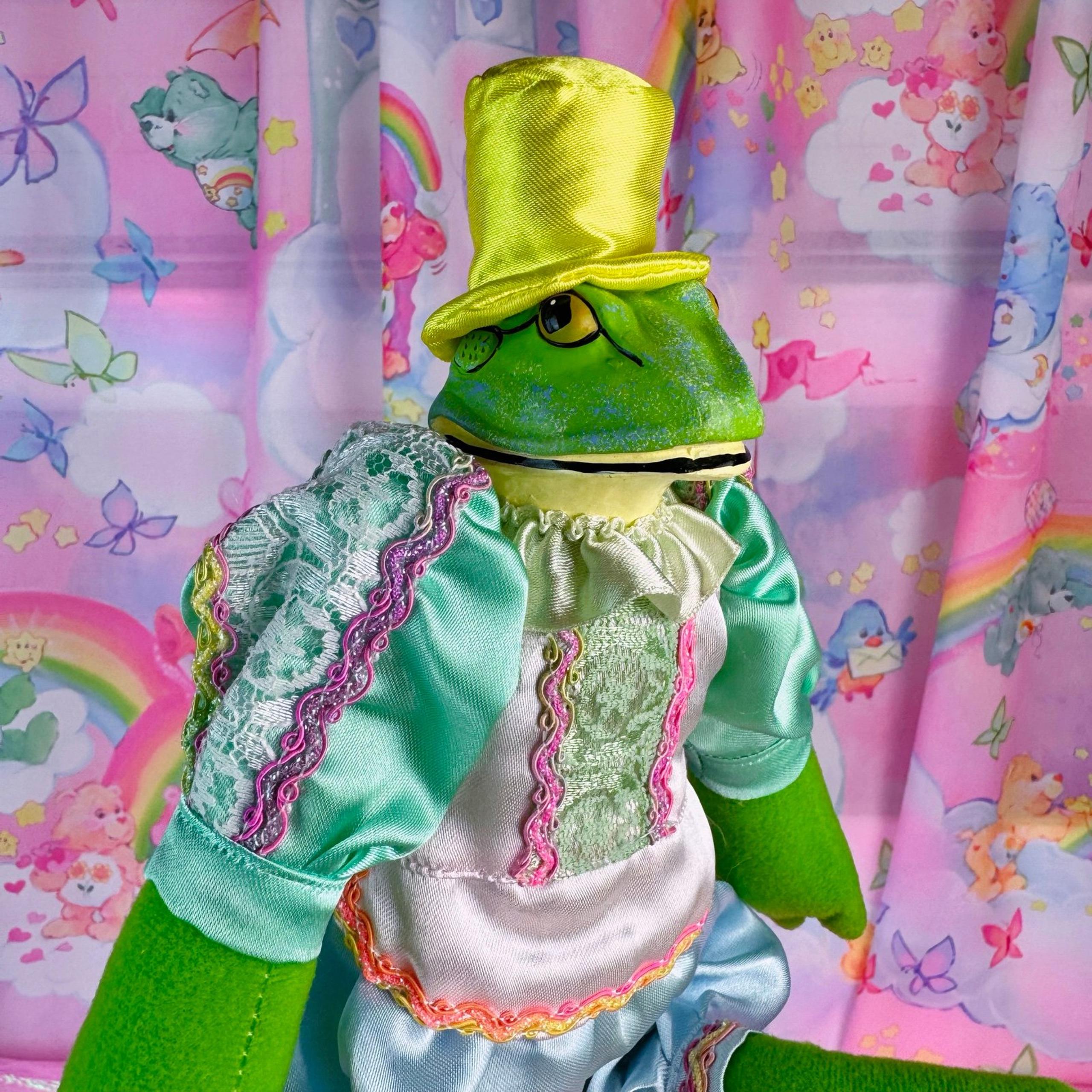 Vintage Frog Plush Doll – Ceramic Head in Pastel Outfit, 13” Maximalist Kitschy