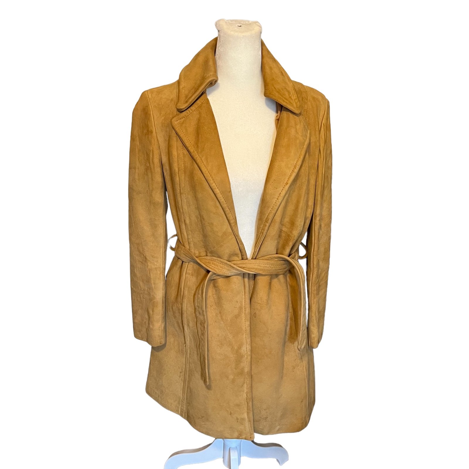 Retro leather long coat waist tie belt womens small open front classic preppy