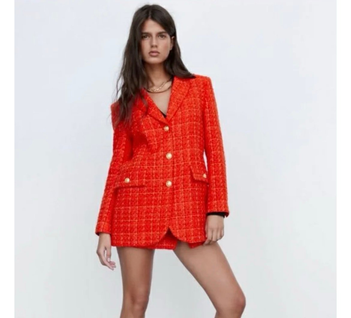 Zara Orange Tweed Single Breasted Blazer with Plaid Pattern Sz L