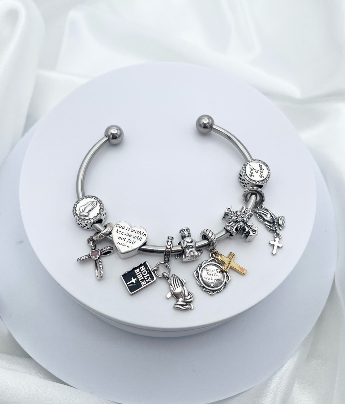 Linx Stainless Steel Open Bangle with Religious Themed Charms