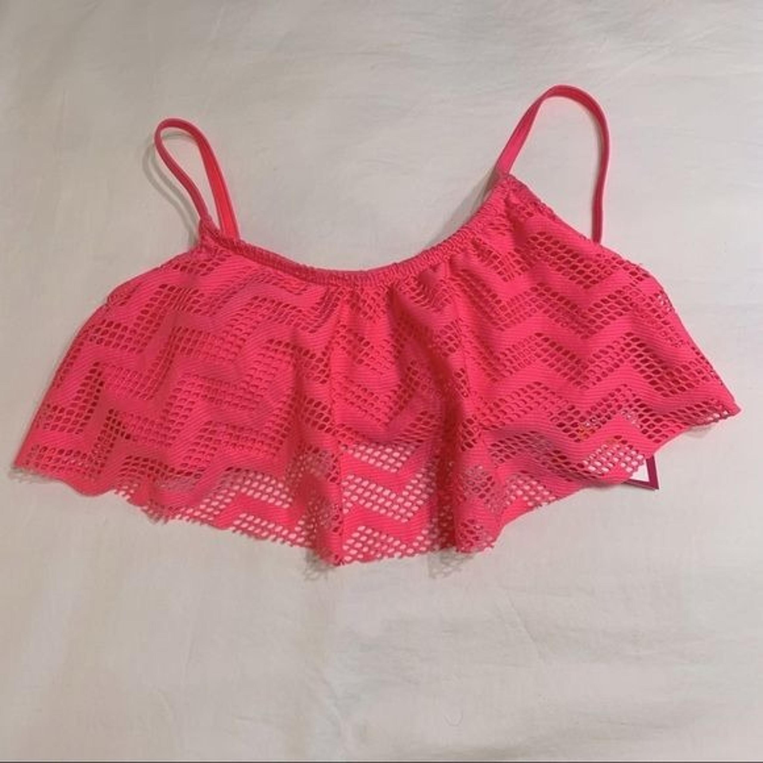 HULA HONEY Pink Chevron Crochet Flounce Bikini Swim Top Small