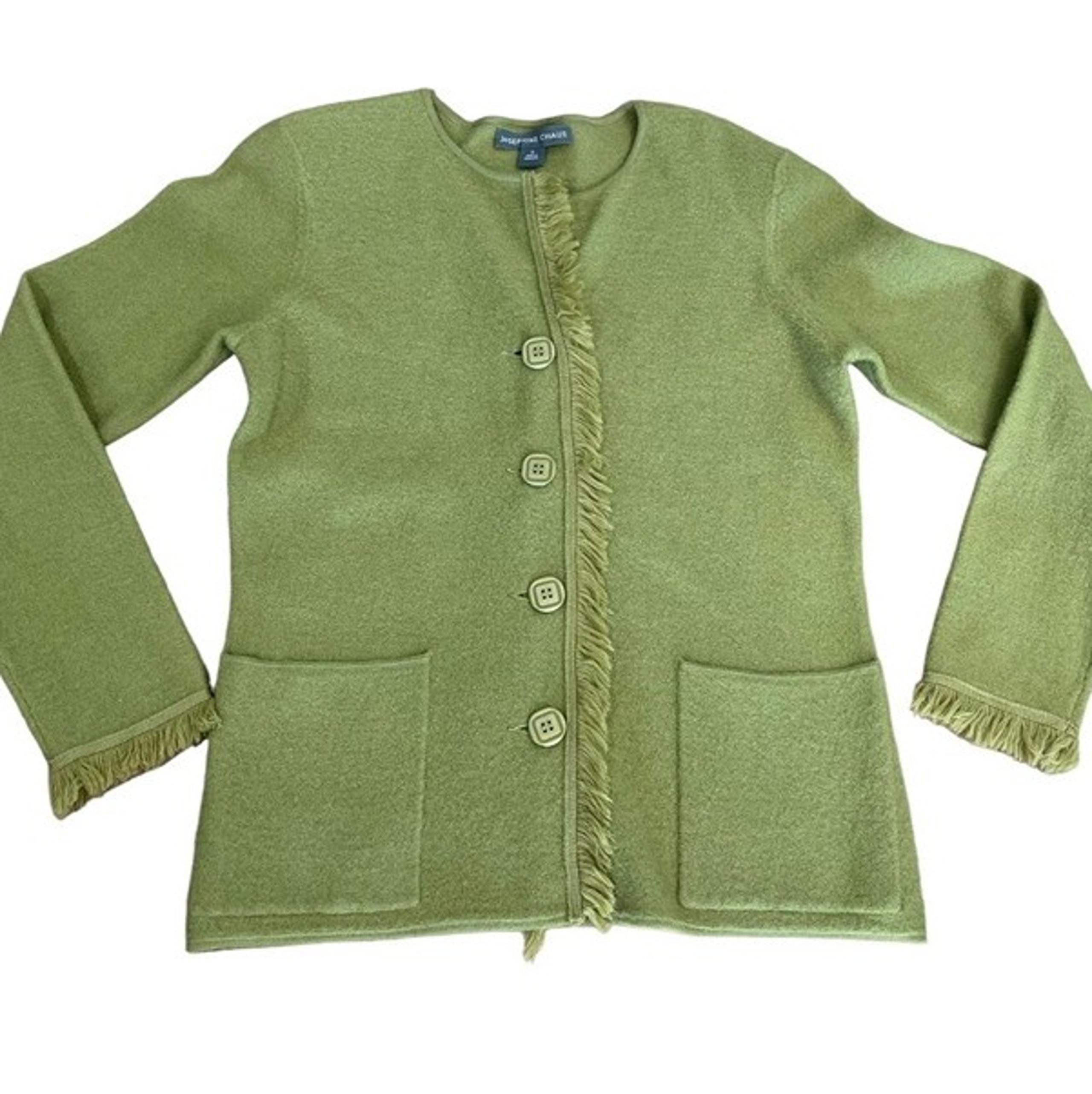 Josephine Chaus Green Fringed Wool Cardigan Sweater Size S