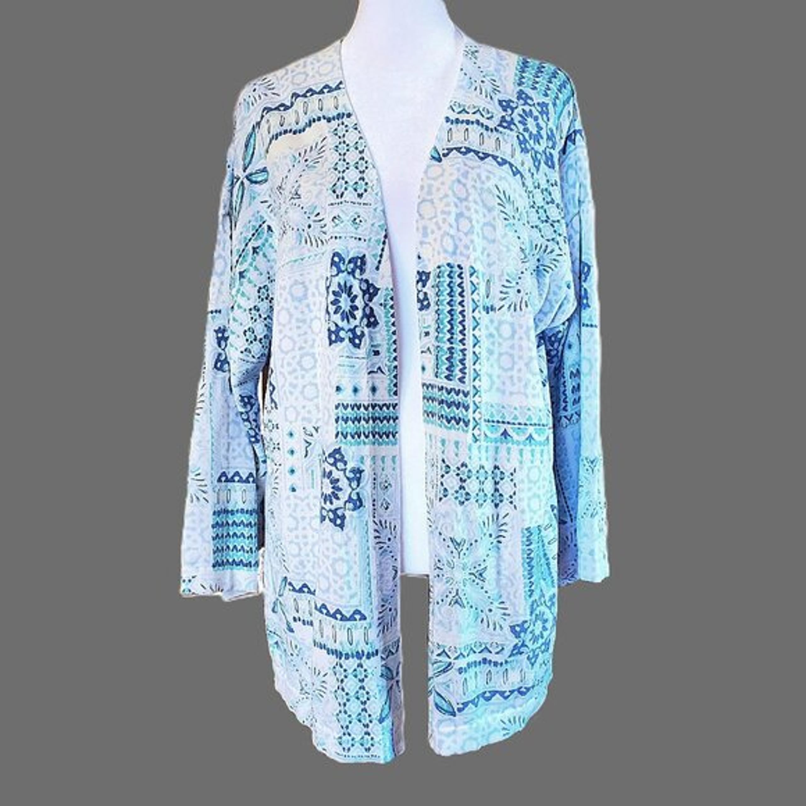Christopher & Banks White Blue Print Cotton Open Cardigan Sweater Women's Size L