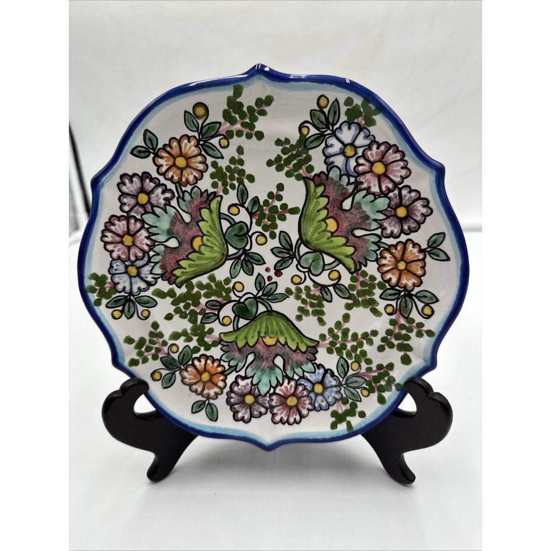 Talavera Puebla Mexican Hand Painted Floral Folk Art Pottery Plate Signed 7.75”