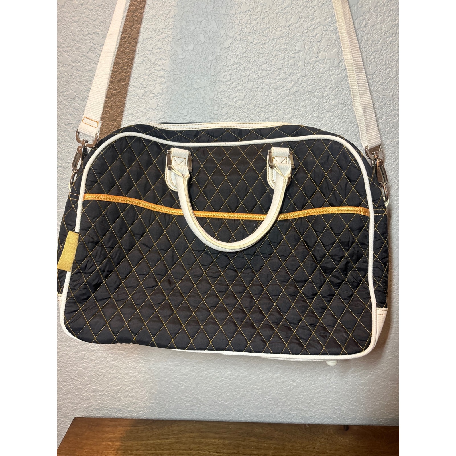 Pegasus Quilted Carry On Bag Travel Duffel Shoulder Strap Black Gold Trim