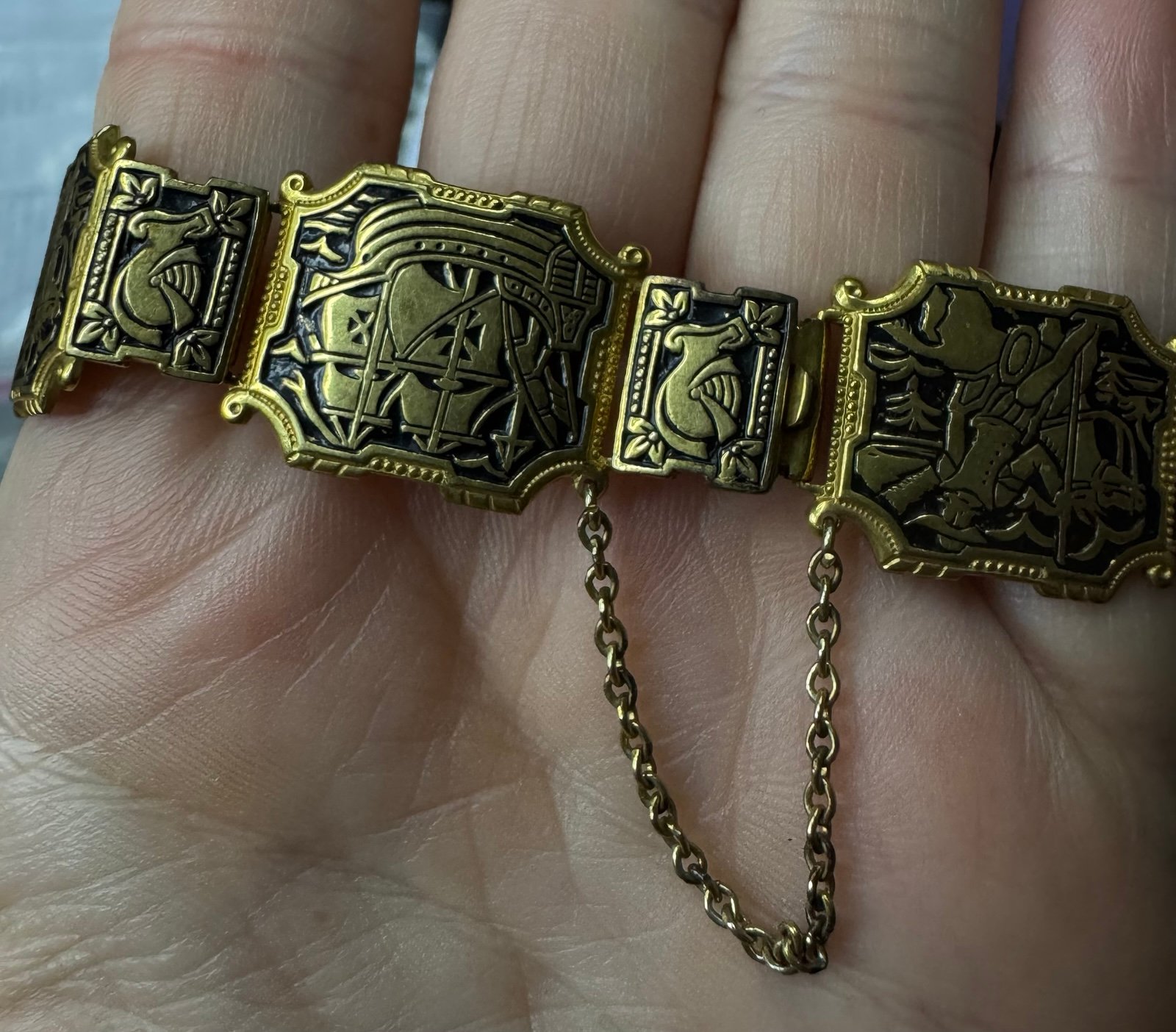 Vintage Damascene Conquistador Niello Bracelet Sailing Ships~33.62g