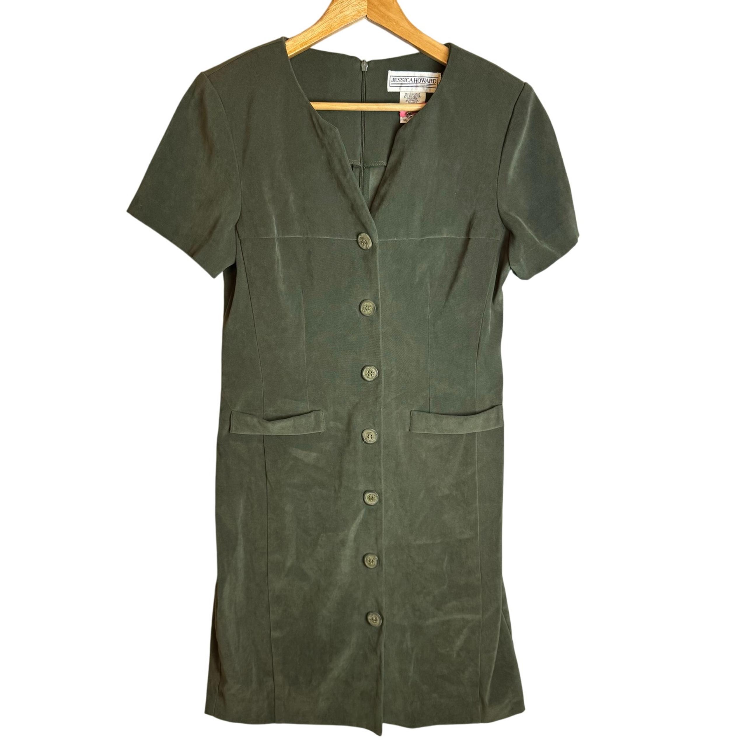 Vintage Jessica Howard Dress Womens 8 Button Top To Bottom Green Midi Minimalist