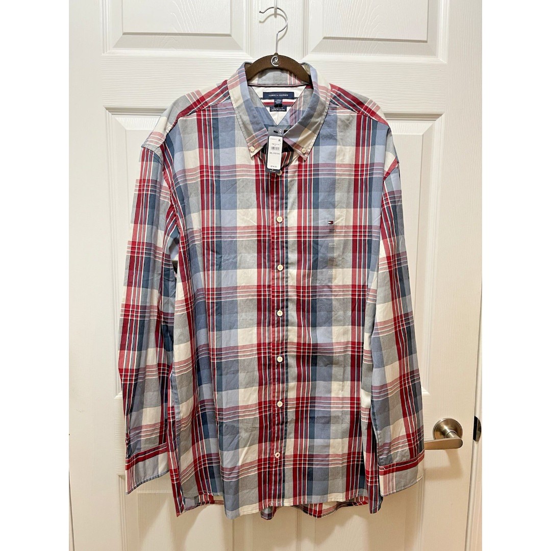 Tommy Hilfiger Men's Long Sleeve Button Shirt Size 3XL XXXL Plaid Red Blue NWT