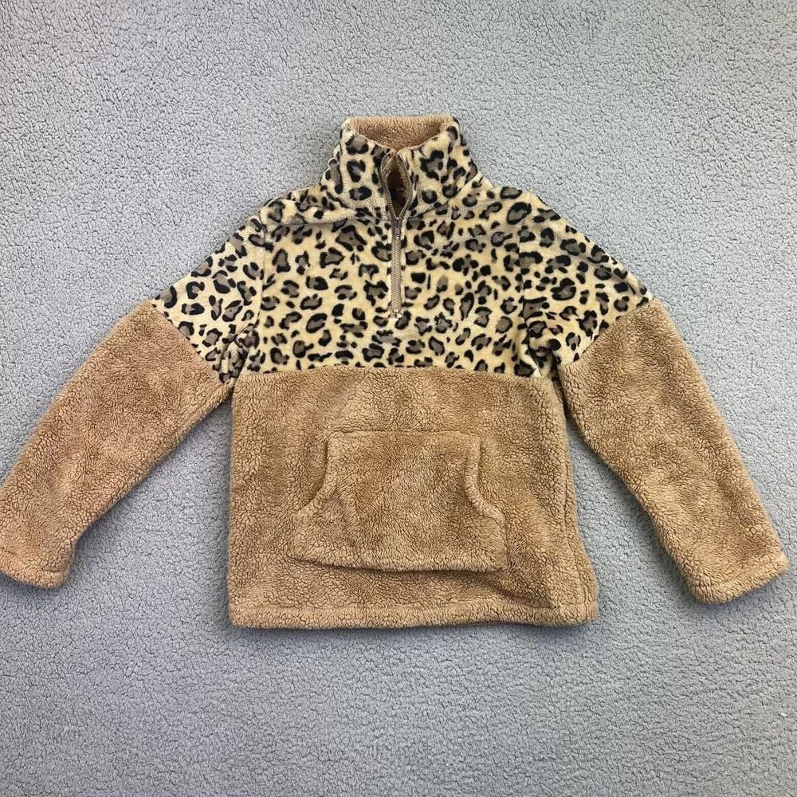 Womens Tan & Leopard Print Pullover with Front Pocket Sz Small !/4 Zip