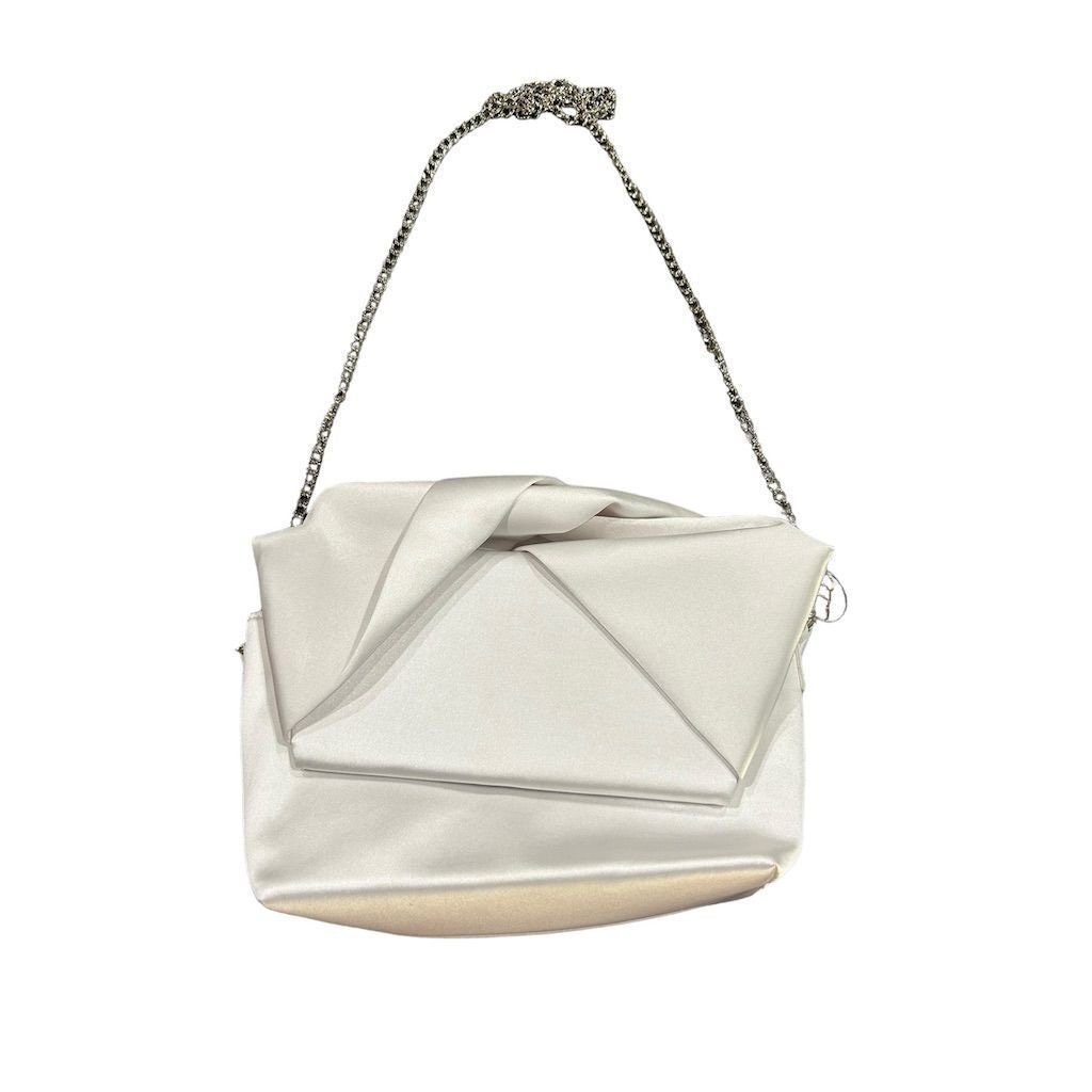 Jewel Badgley Mischka Alexandra White Satin Clutch with Large BowChain Strap