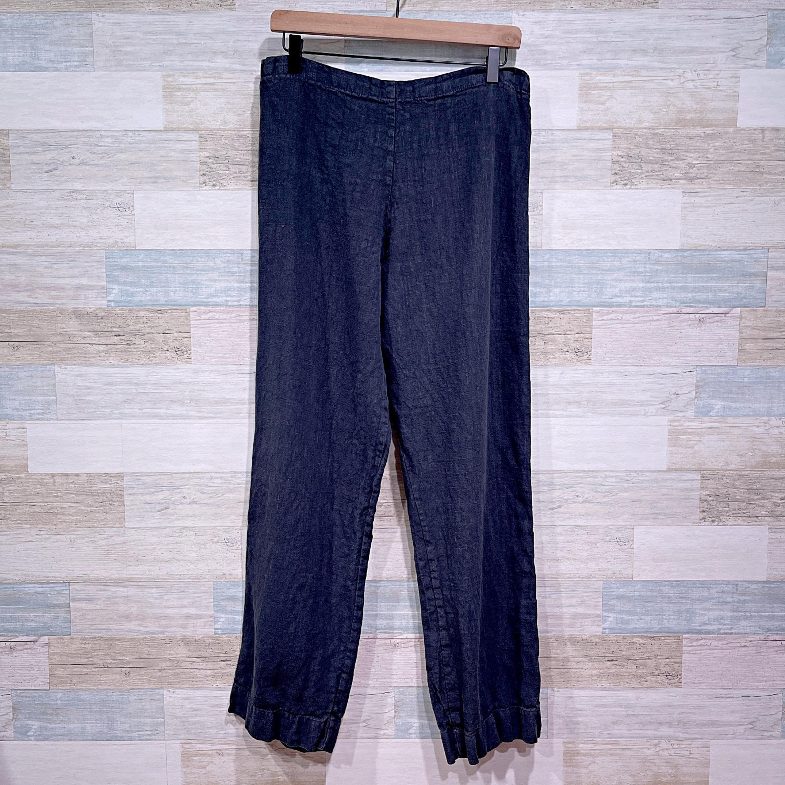 100% Linen Pull On Pants Black Lagenlook Vintage USA Womens Large - Bryn Walker