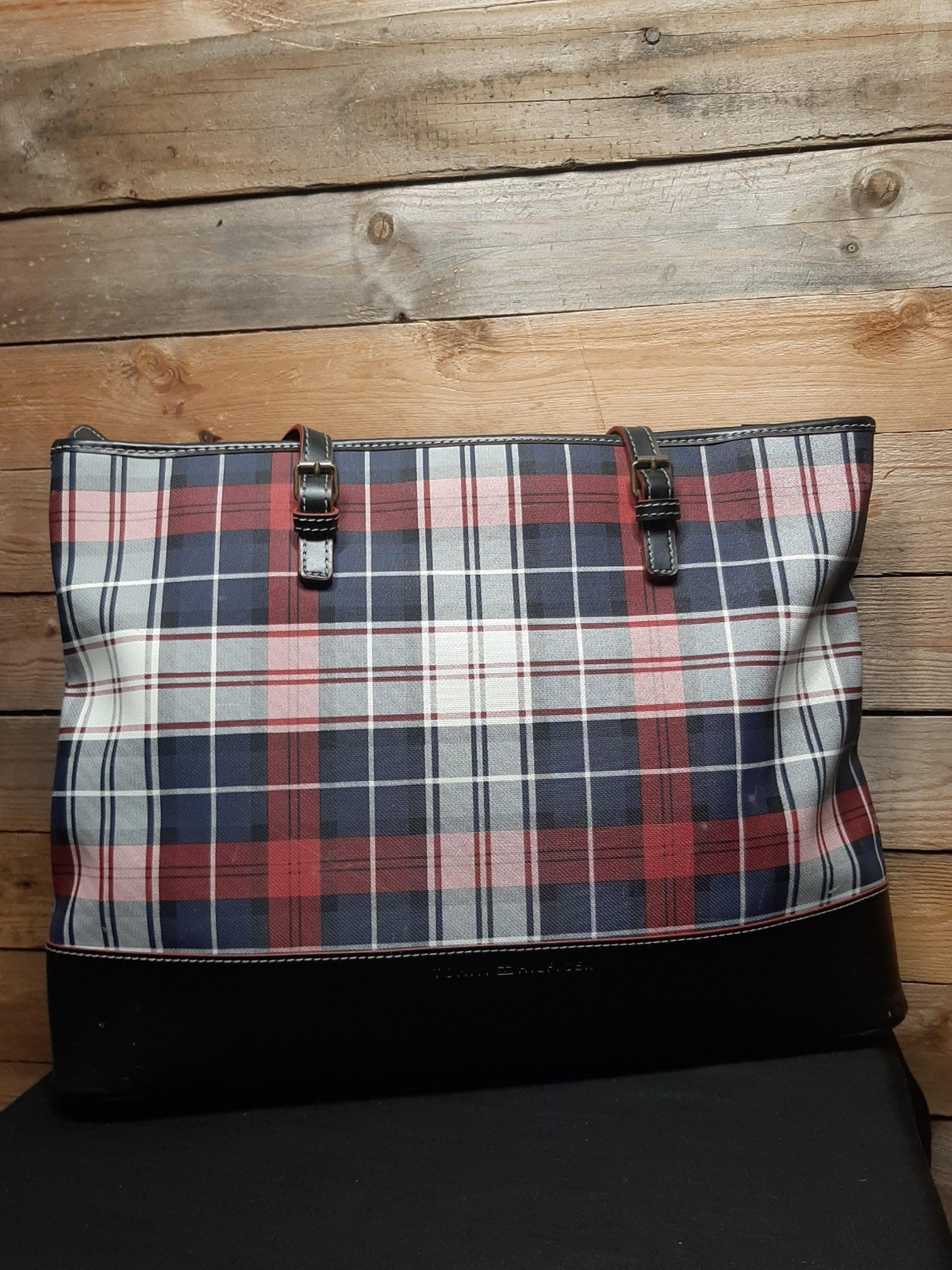 TOMMY HILFIGER Large VINTAGE Plaid & Black Tote Shoulder Bag