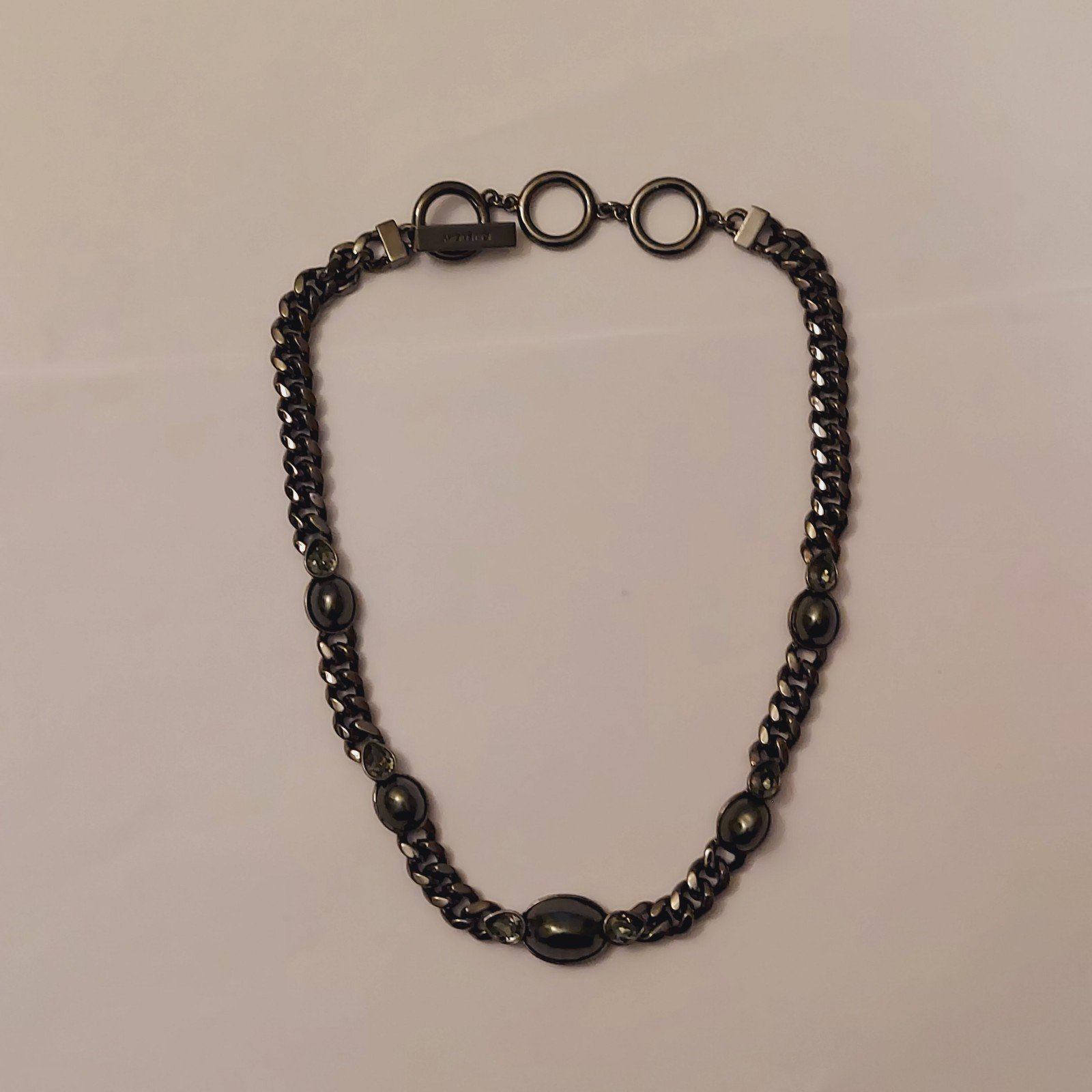 Vintage Givenchy Black Faux Pearl Rhinestone Black Metal Curb Chain 9mm Necklace