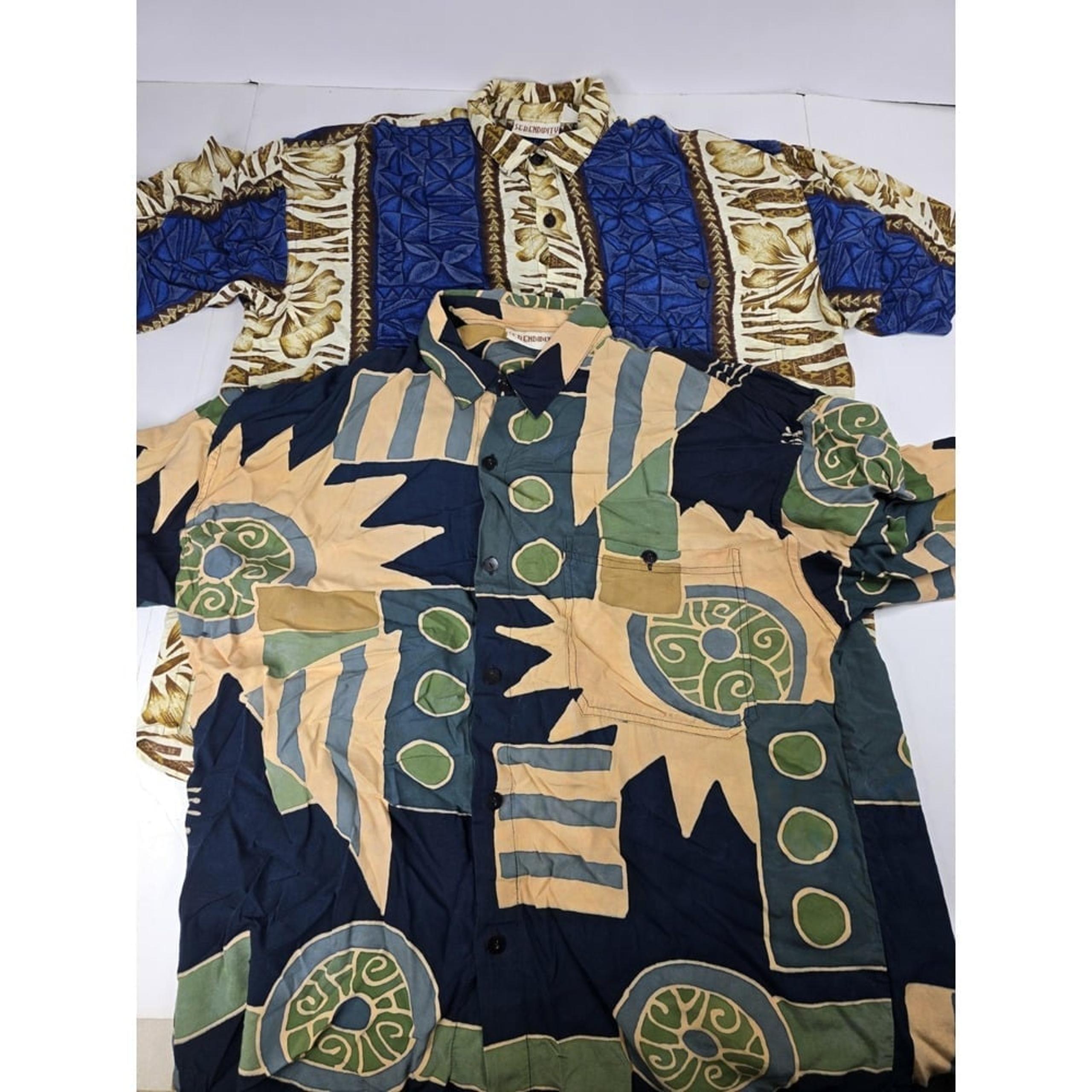 Lot Of 2 Serendipity Hawaiian Button Floral Geometric Rayon Beach Shirts Large