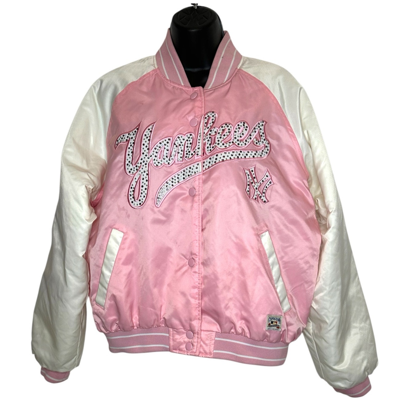 NY Yankees Cooperstown GIII by Carl Banks pink satin bomber jacket size L
