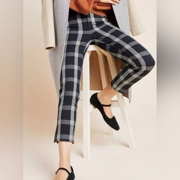 anthropologie the essential slim plaid pants black white cropped great pockets 6