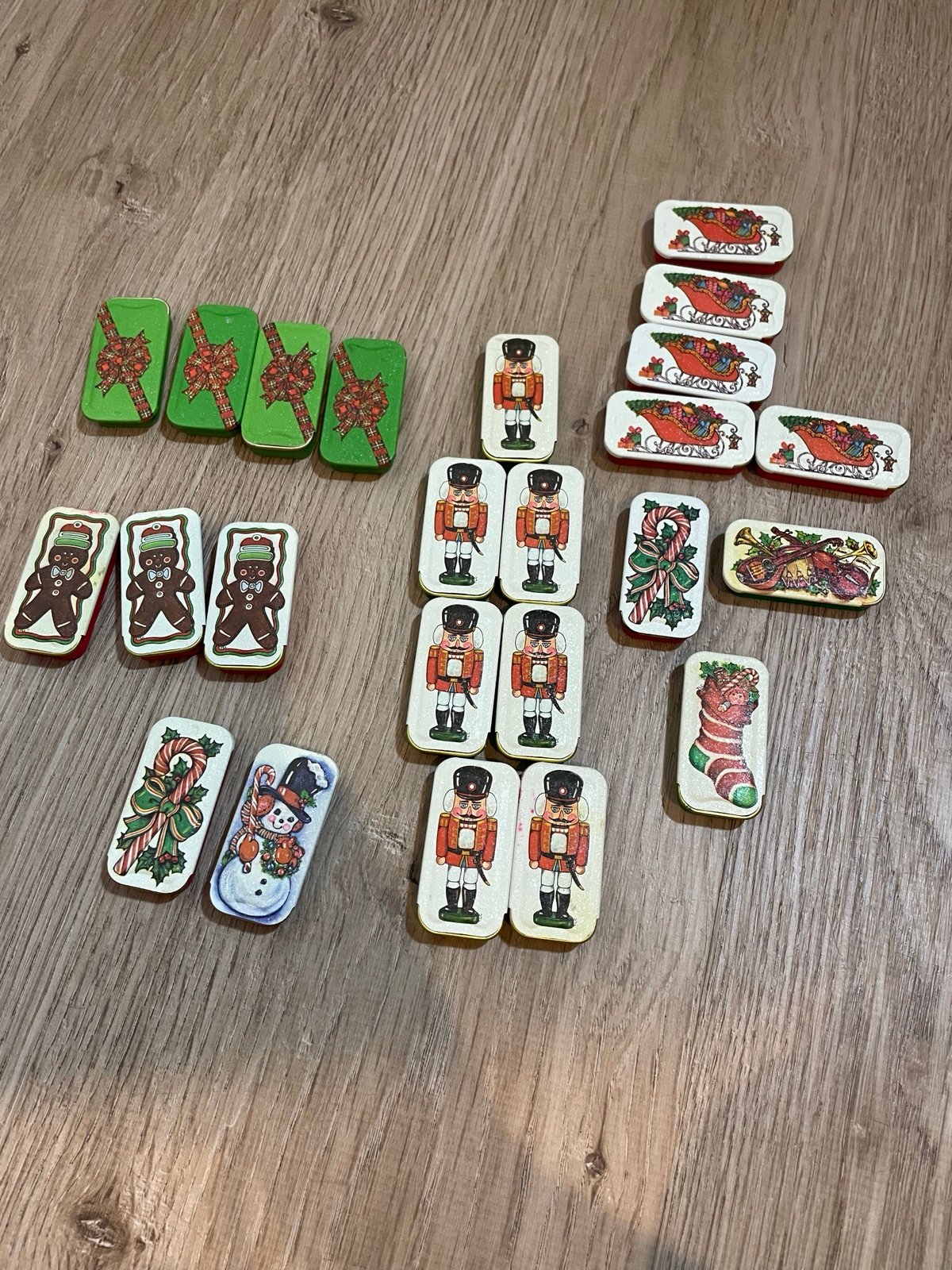 24 Vintage Potpourri Pill Tin Christmas Theme Sliding Boxes-2” Boxes