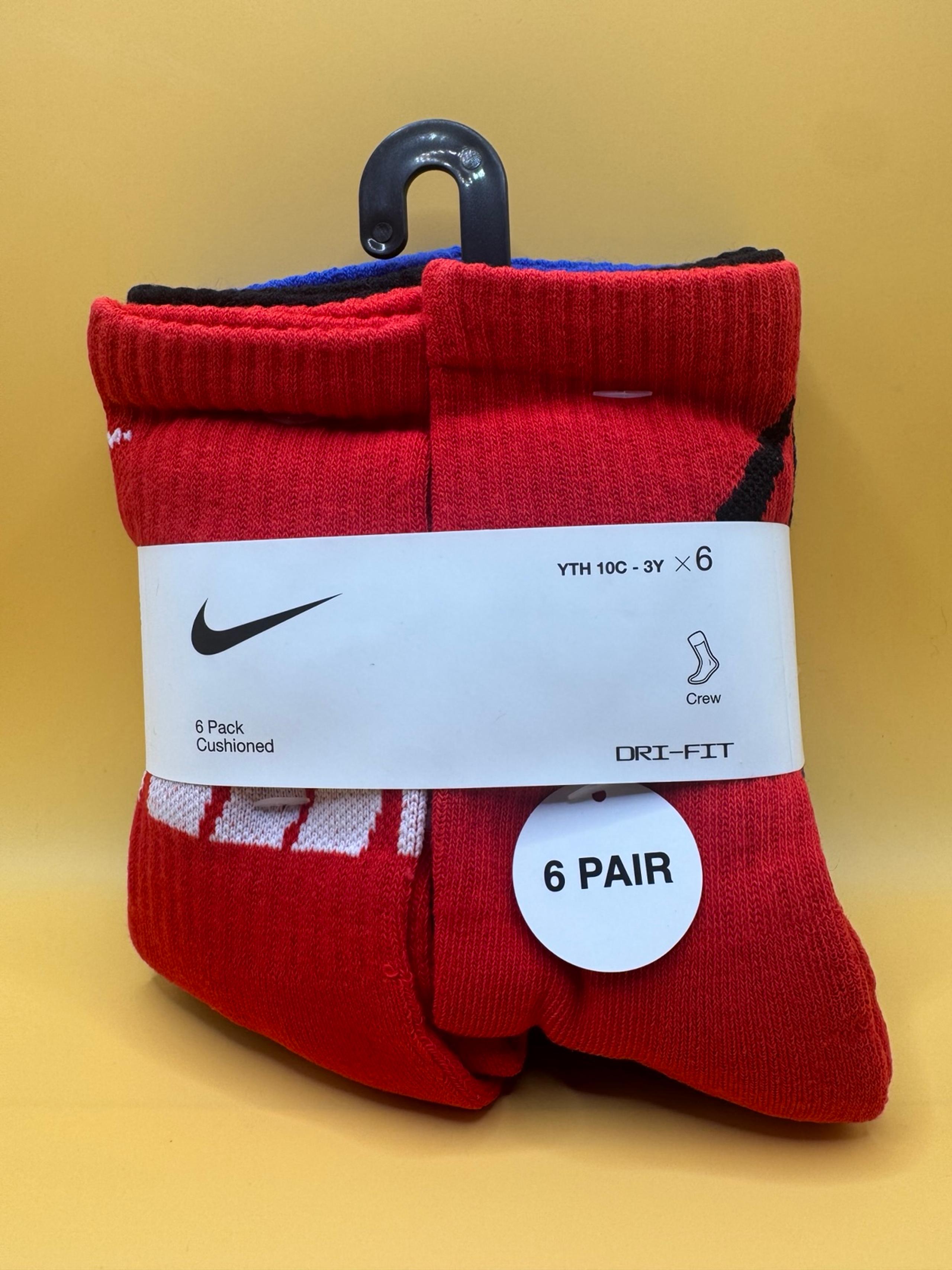 Nike Boys & Girls Cushioned Crew Socks- Blue/Red/Black - 6pk - Youth Sz 10c-3y