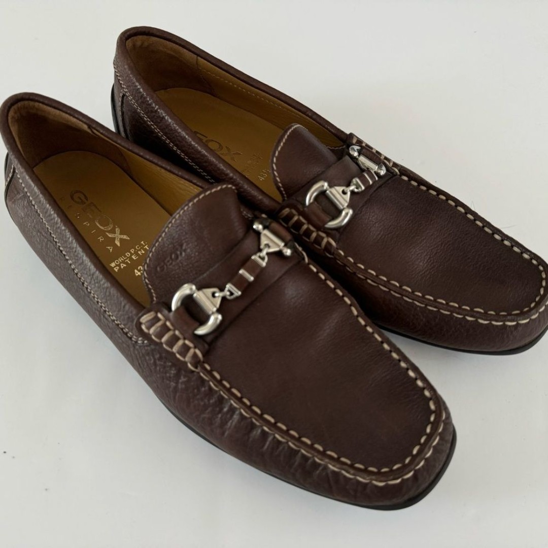 Geox Respira Brown Leather Slip on Shoes Loafer Horsebit Comfort EU 43.5 US 10.5