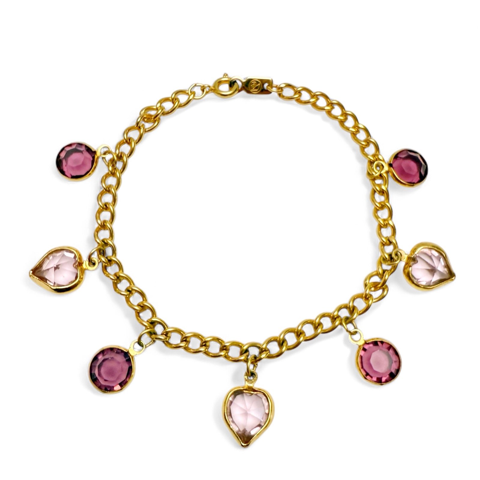 Vintage SWAROVSKI Swan Signed Purple Pink Heart Bezel Set Crystal Chain Bracelet