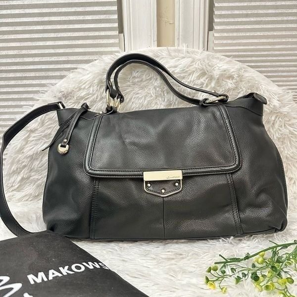 B Makowsky Large Black Genuine Leather Handbag Lombard Satchel Shoulder Bag