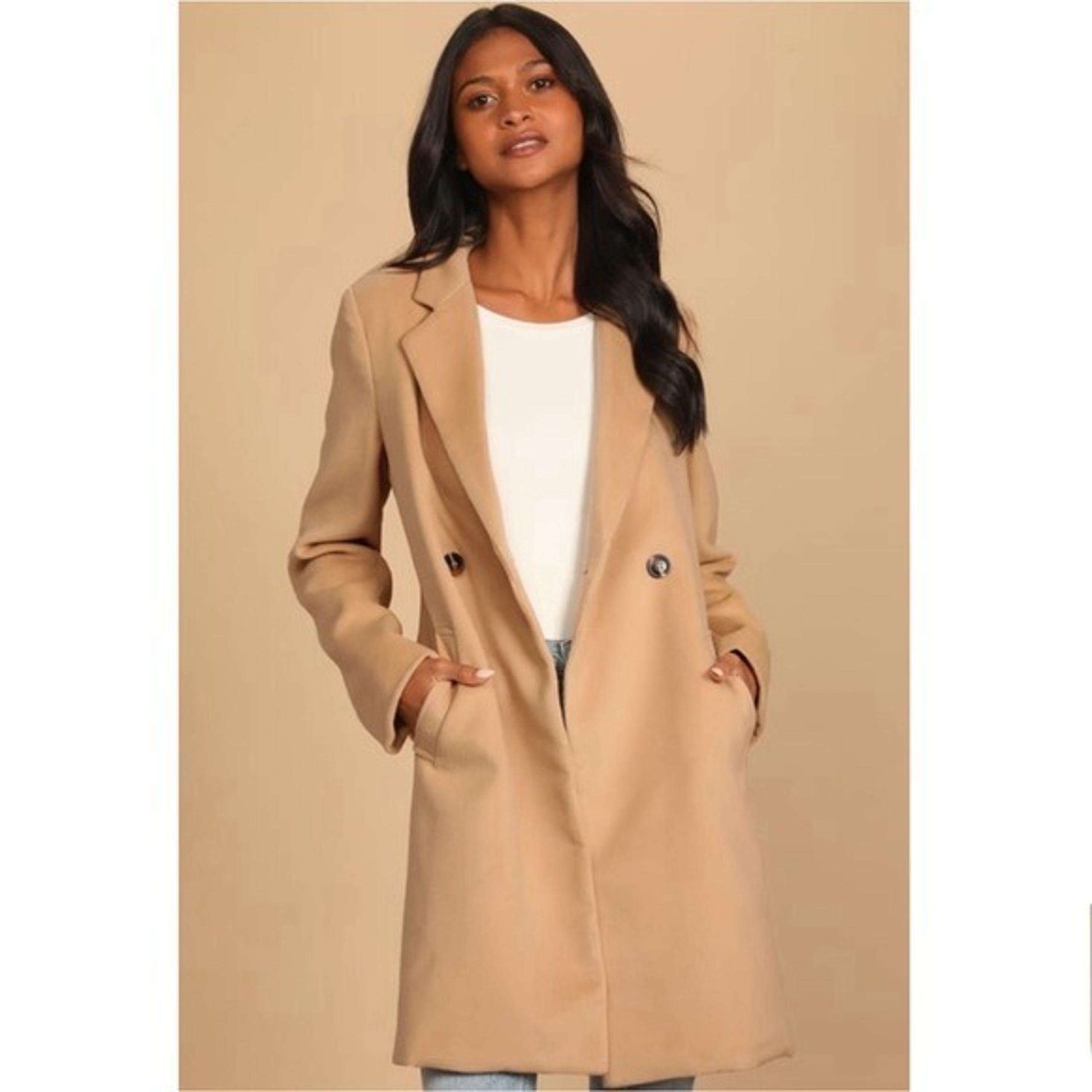 NWOT Lulu's Harriet Double Breasted Longline Pea Coat Winter Jacket Tan Small