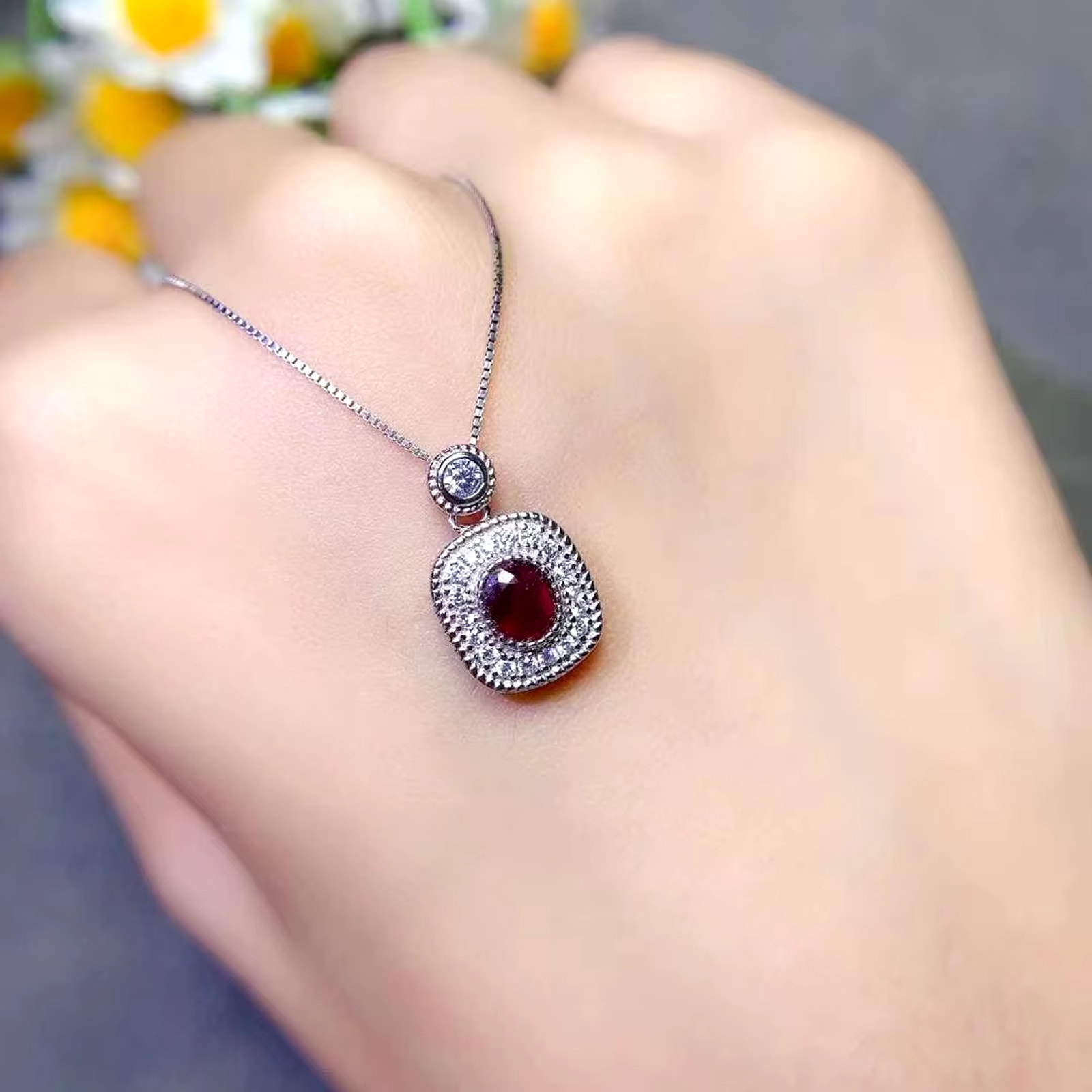 Dark Red Ruby Pendant Necklace, Natural Ruby Pendant 4x5mm Sterling Silver
