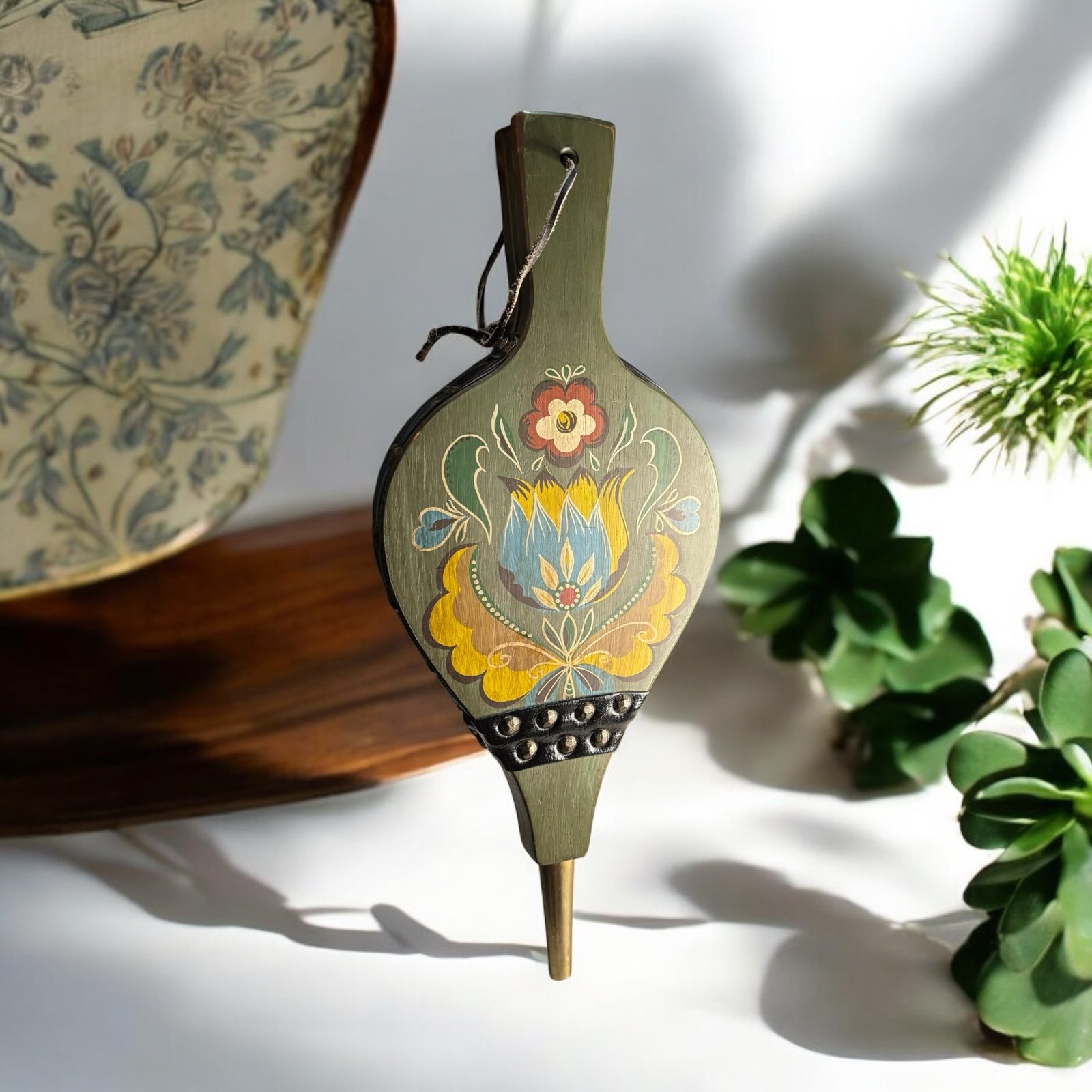 Antique Fireplace Bellows Hand Crafted Painted Leather Wood Metal Studs- Floral
