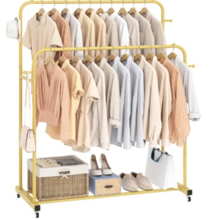 Heavy Duty Clothing Rack With Wheels Gold Metal Double Rods Garment Hanger Shelf