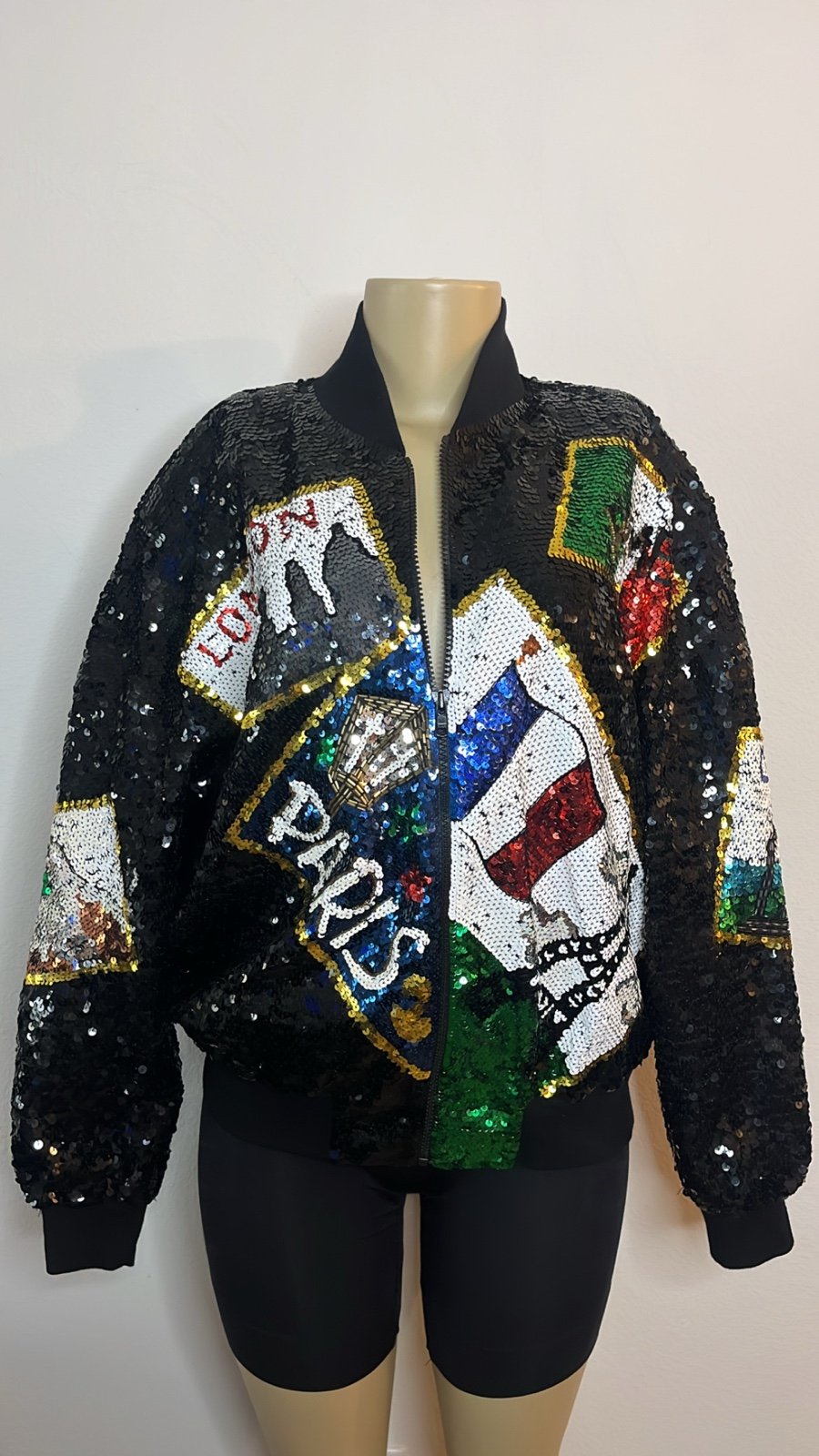 Vintage 90s I.B. Diffusion Colorful Sequin European Destination Theme Jacket
