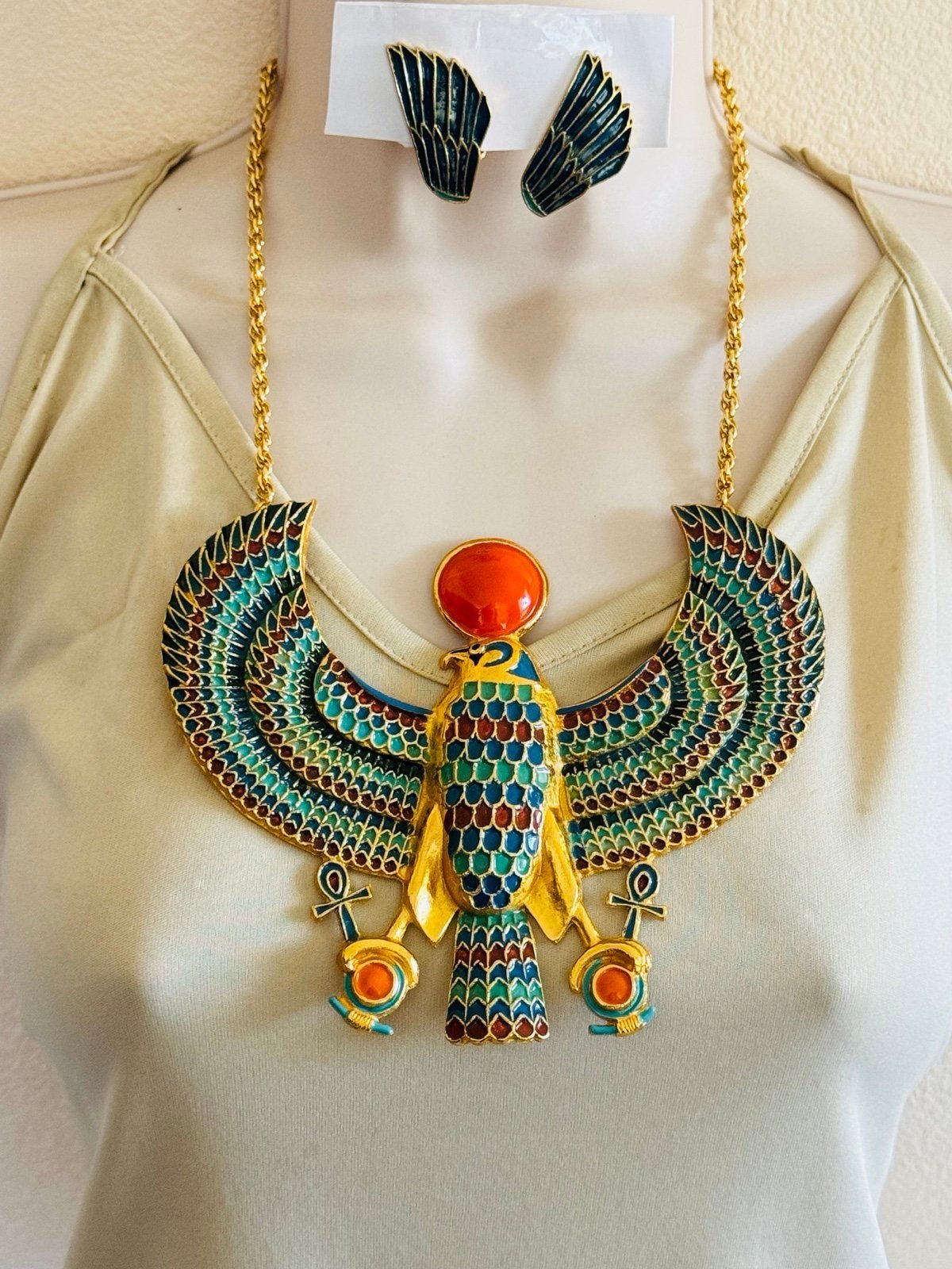 VTG Bijoux Burma Marque Deposse Necklace Earrings Matching Set Egyptian Phoenix