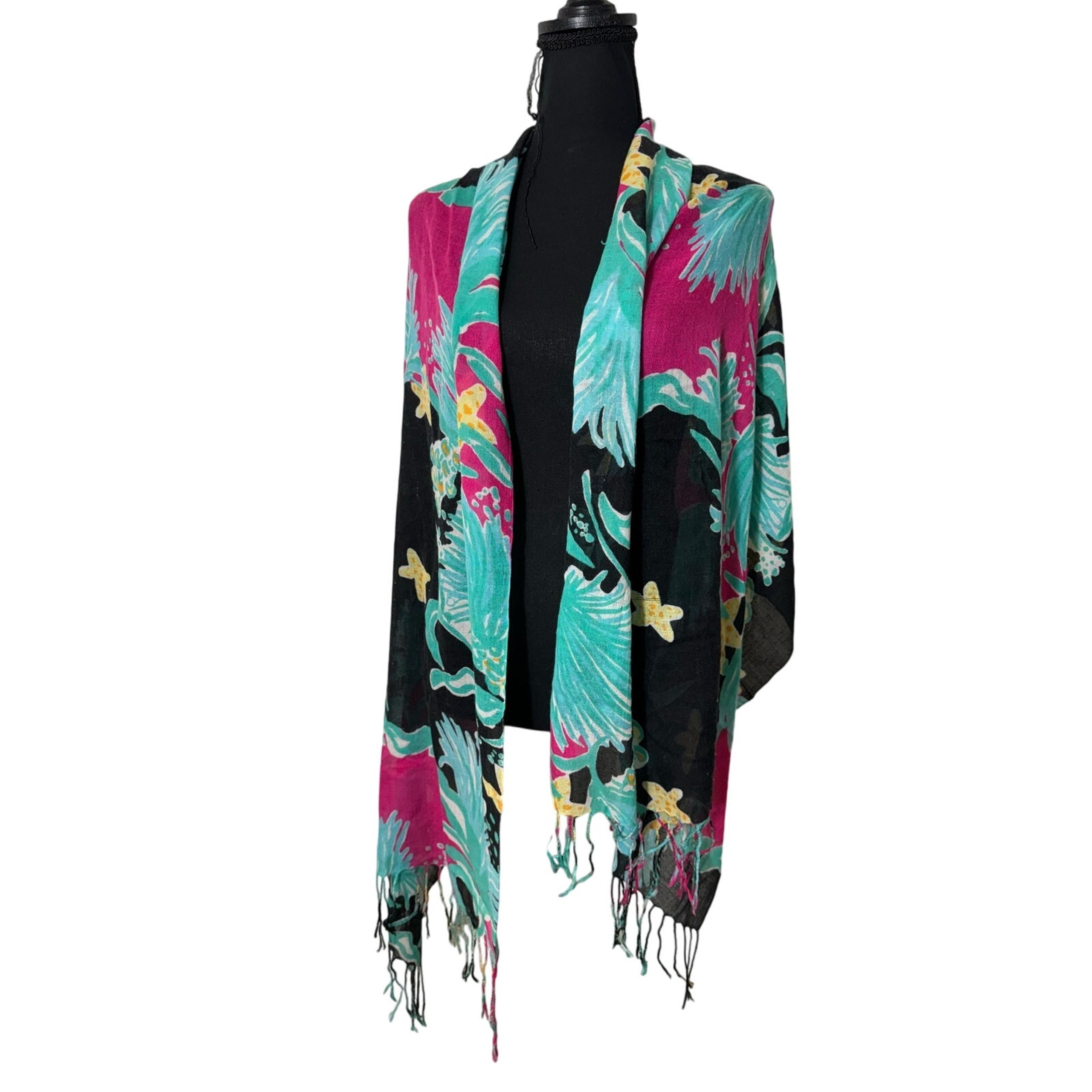 Lilly Pulitzer Black Pink Green Muslin Scarf 76"x26"