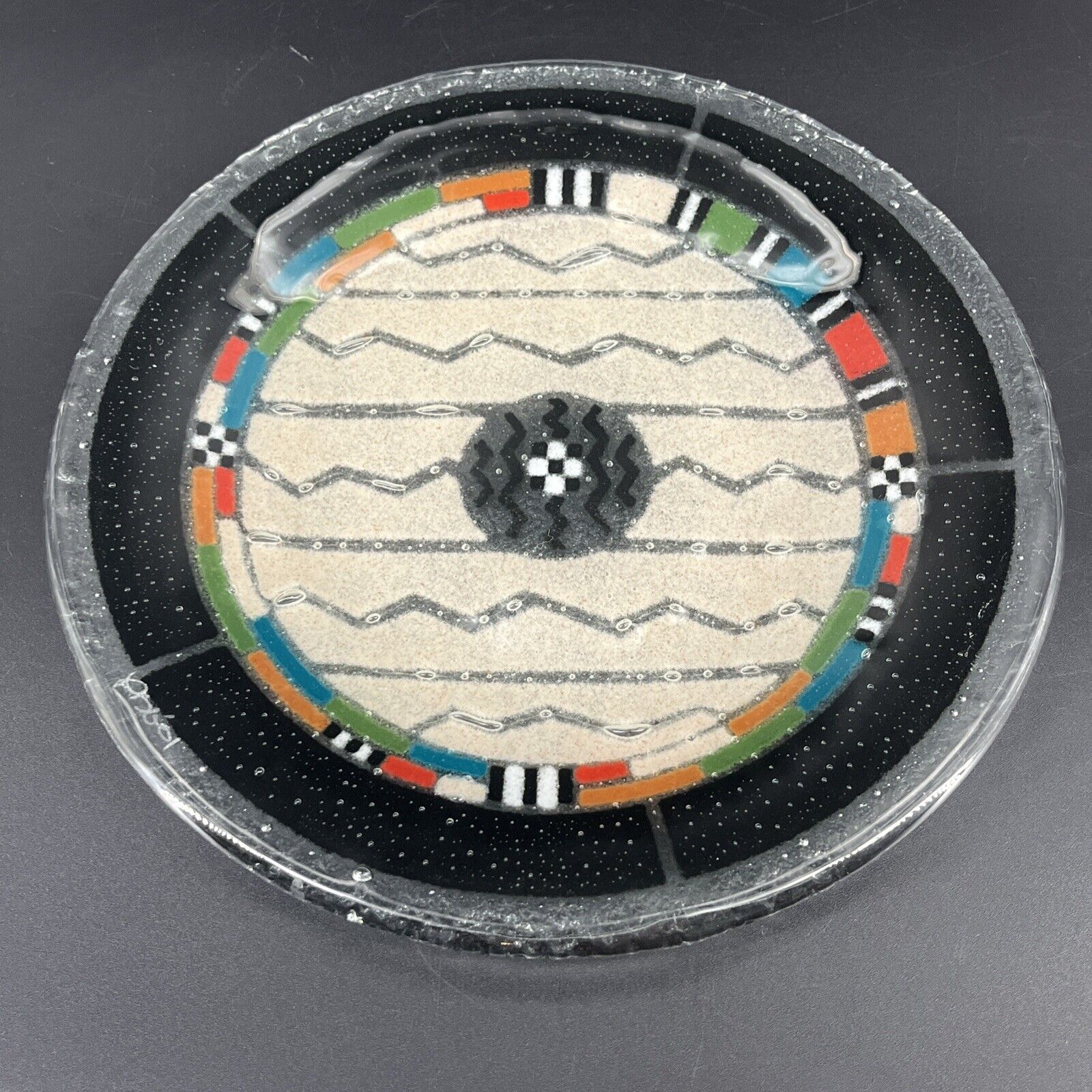 Peggy Karr Southwestern Native Tribal Fused Glass Plate Zigzag Color Blocking