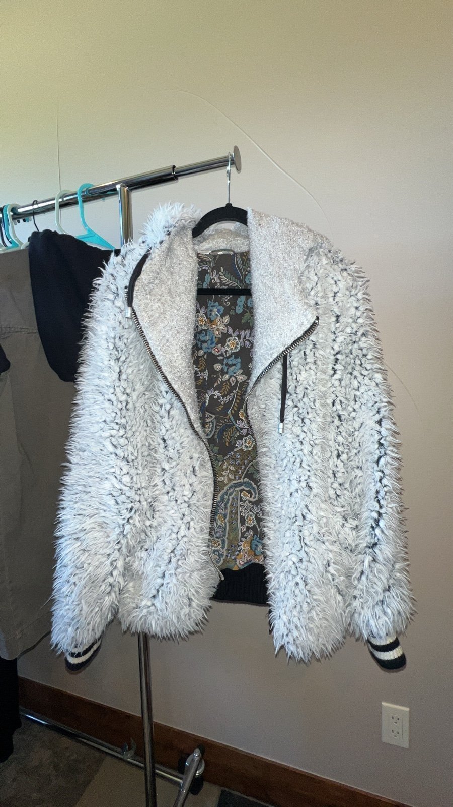 Free People Wool/Silk Fur Bomber Jacket Magnolia Pearl