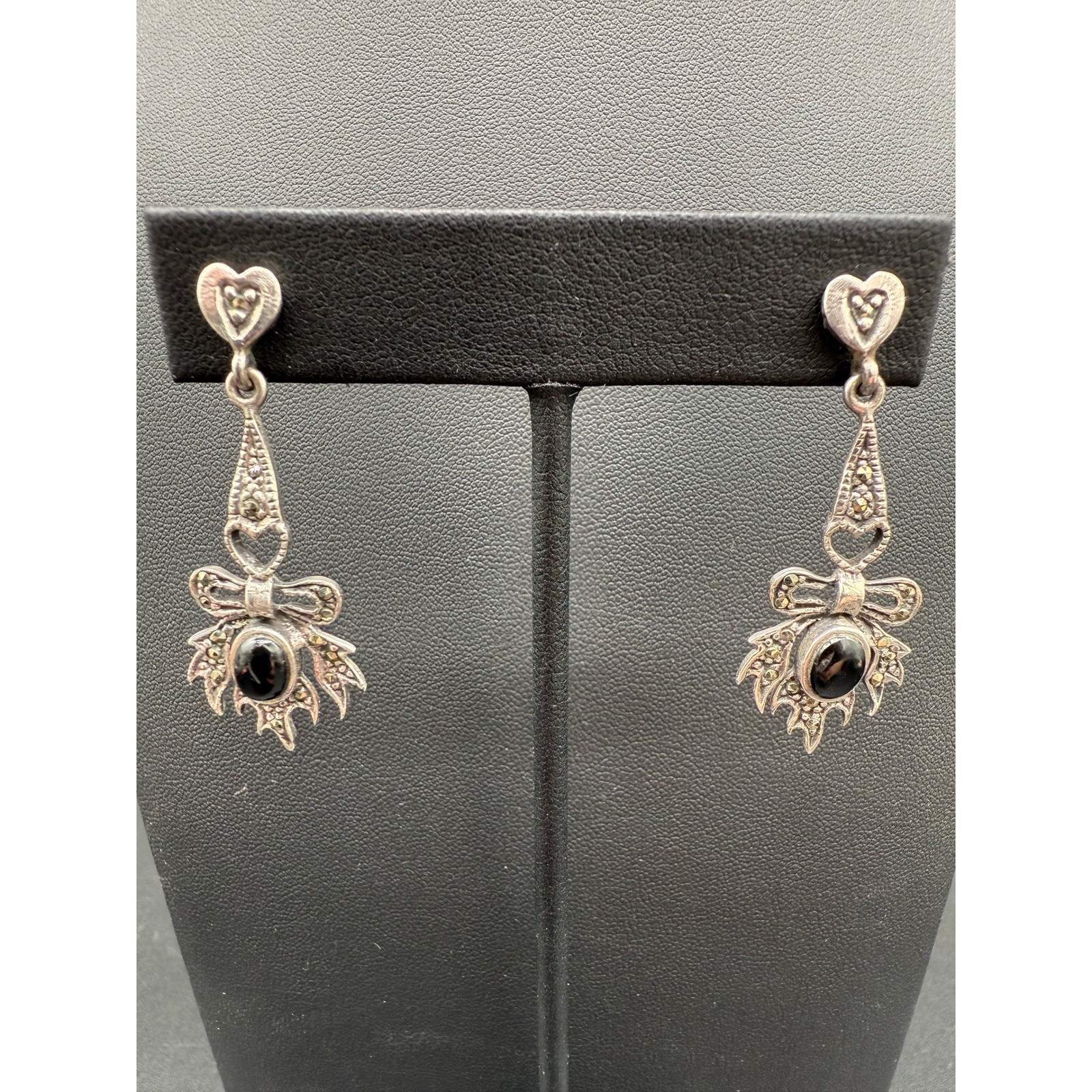 Sterling Silver Marcasite Bow Earrings Black Onyx Cabochon Heart Dangles Vintage
