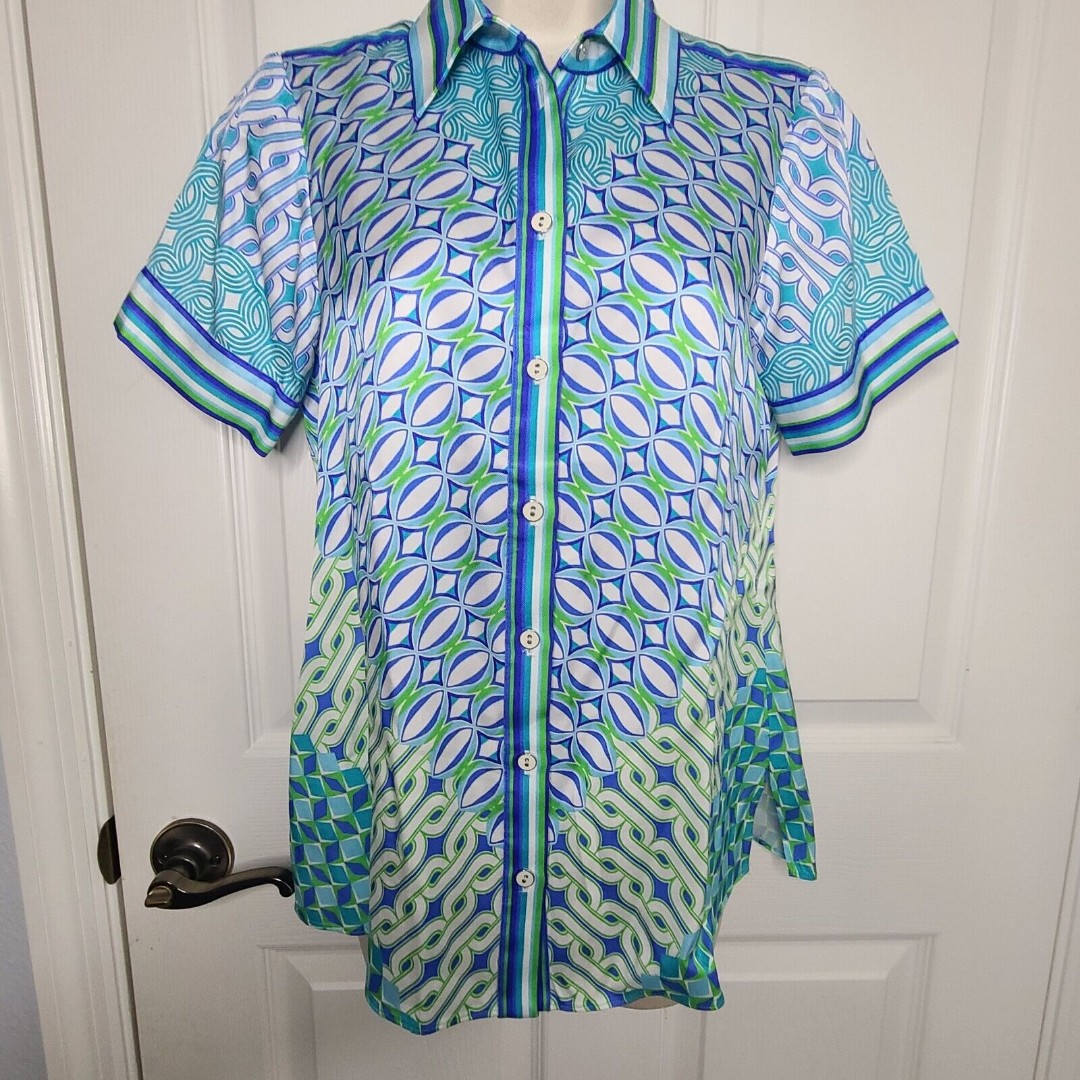 Hale Bob Liberty Button Up top short sleeves blue green geometric Size XS new