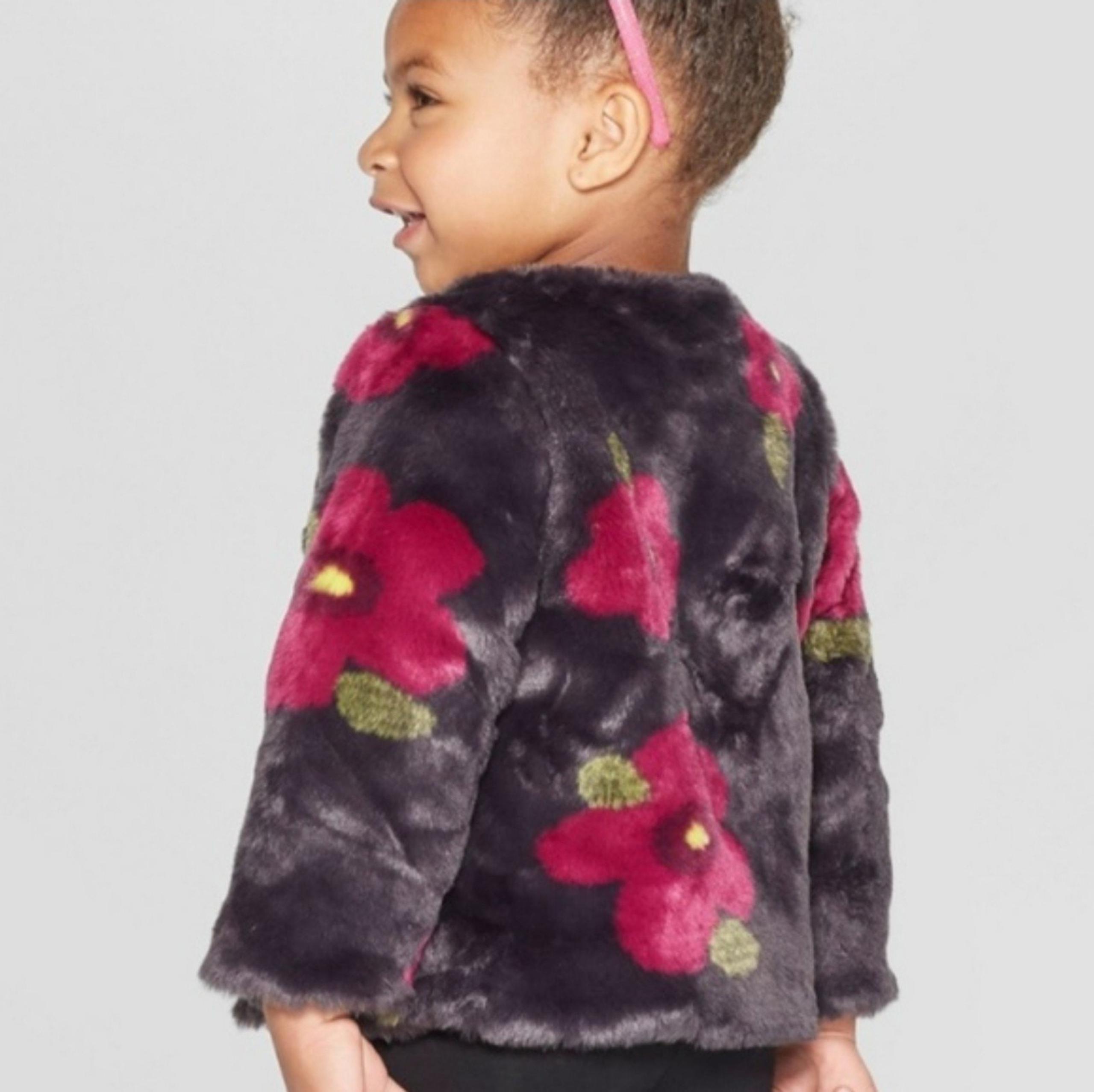 OshKosh Floral Toddler Girl Faux Fur Snap Button Coat Size 18 Months Dress