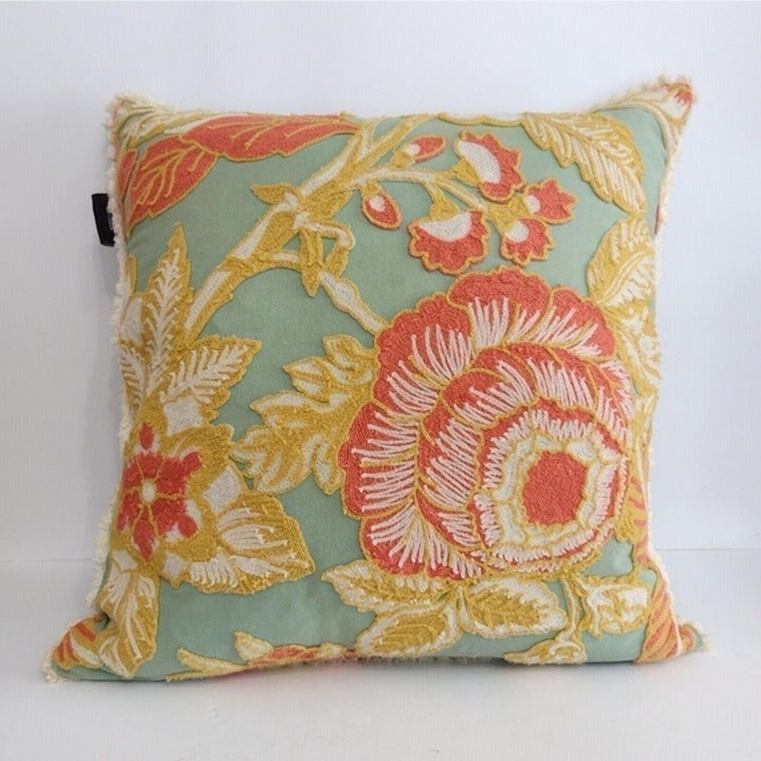 Envogue Floral Tuffed Applique Throw Pillow Rose Poppy Fringe Pink Gold Green