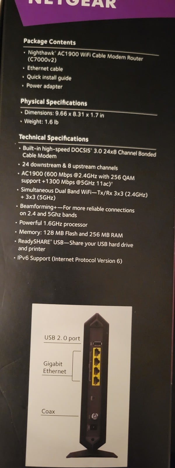 Netgear NightHawk AC1900 Wifi 2.4g-5g with Docsis 3.0 cable modem