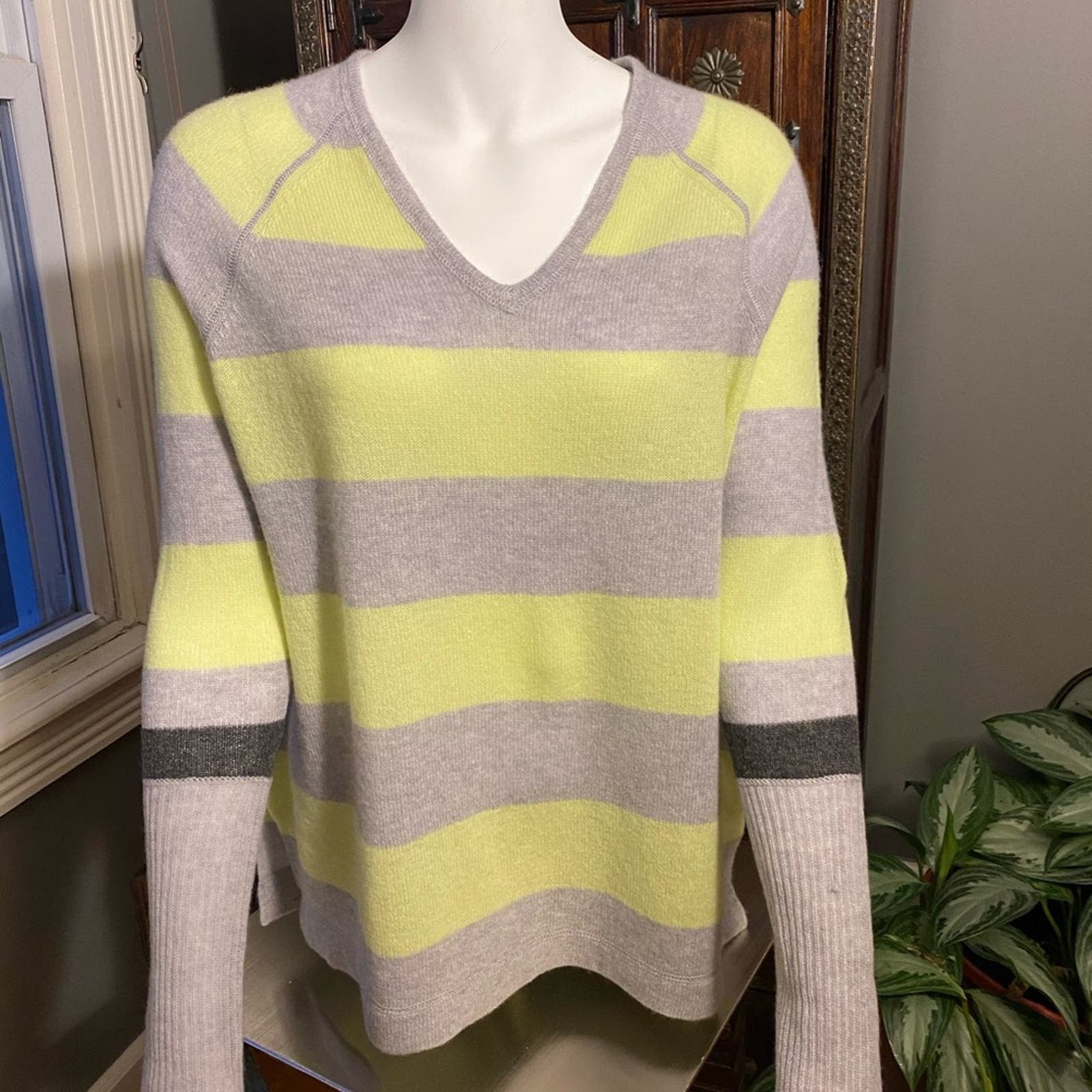 NWT Lisa Todd striped cashmere sweater small lime green grey
