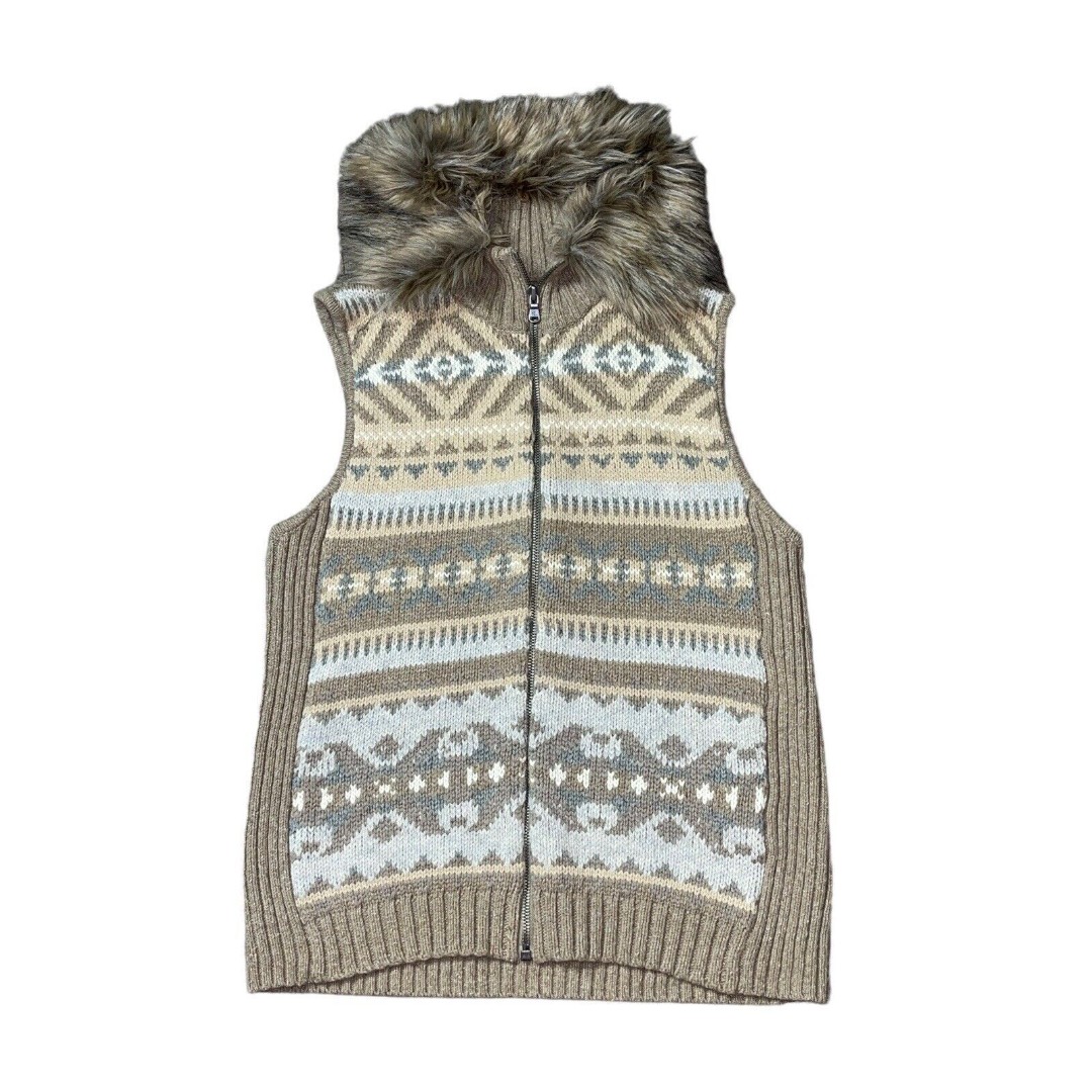 Ralph Lauren Fair Isle Rabbit Hair Knit Sweater Zip Vest Faux Fur Collar L