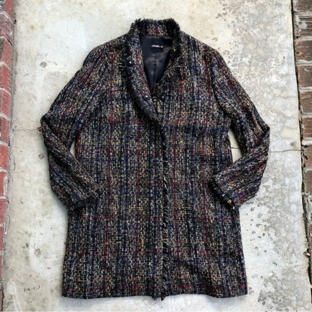 J J. McLaughlin Walden Coat Black Tweed Fringe Trim Lightweight Midi Length M