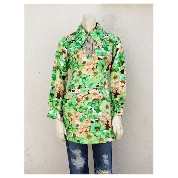 Vintage Women's Floral Lolita Print Tunic Top Green Orange Size S