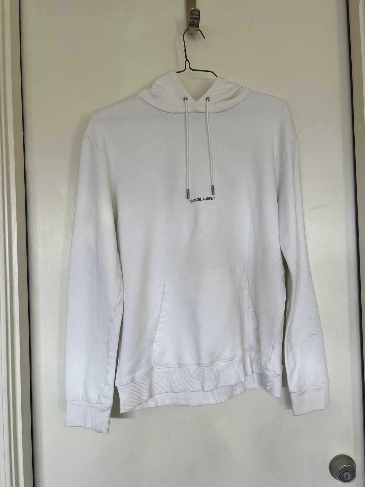Saint Laurent Mens white Logo Rive Gauche Cotton Long Sleeve Hoodie Sz L