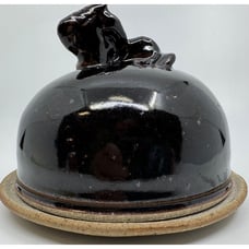 Moore Art Pottery Cheese/Butter Bell Dome Horse Topper Dark Brown Glaze 6.5”x5”