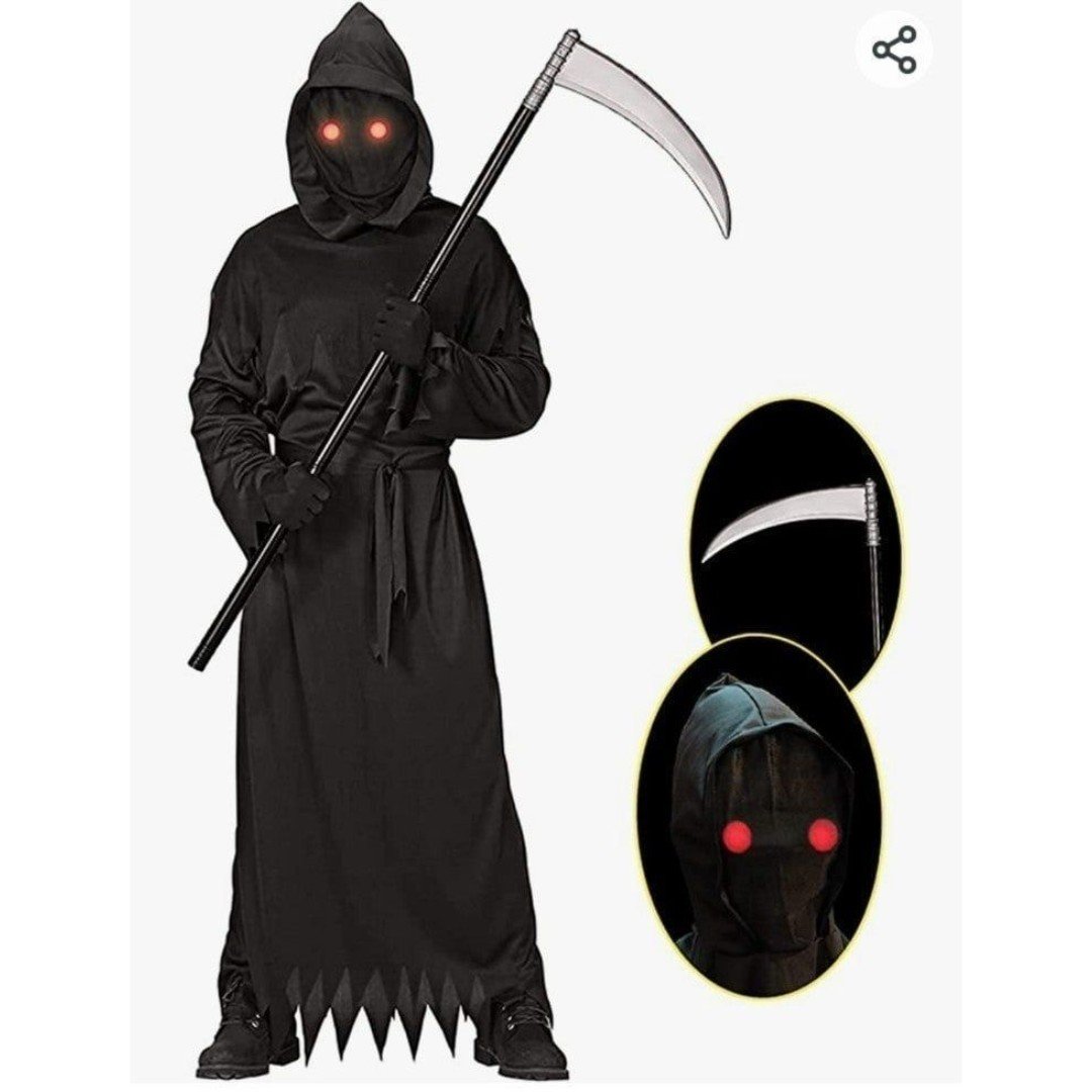 Grim Reaper With Scythe and Glowing Eyes Costume Kids Size L