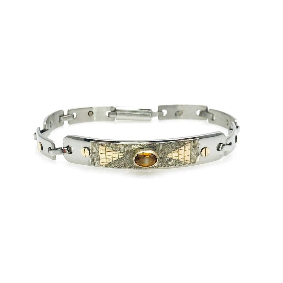 Vintage Studio Made Stainless Steel and 18k Gold Citrine Bracelet Unisex 7.25 in