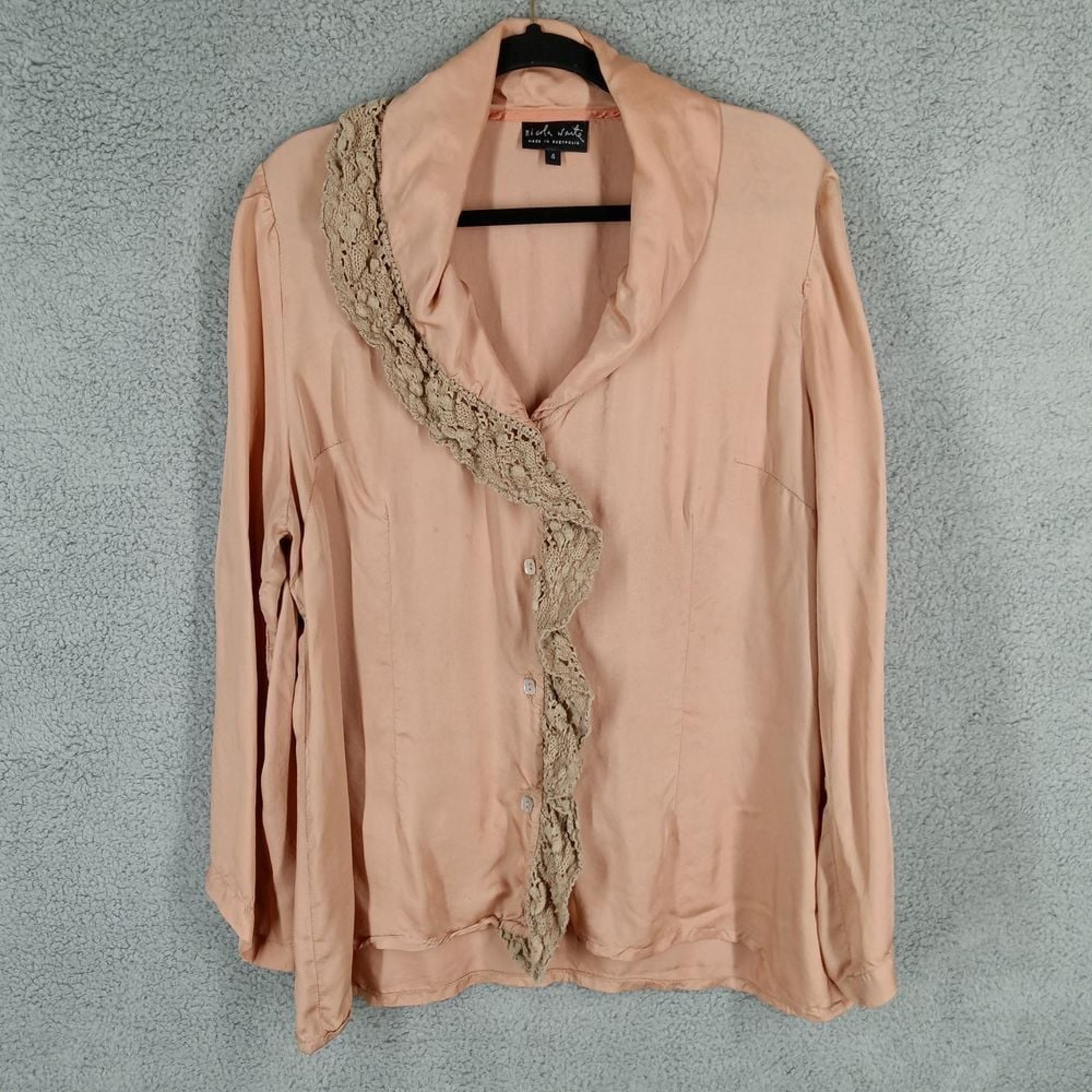 Nicola Waite Large (4) Blush Pink Viscose Blouse Lace Trim Button Down Designer