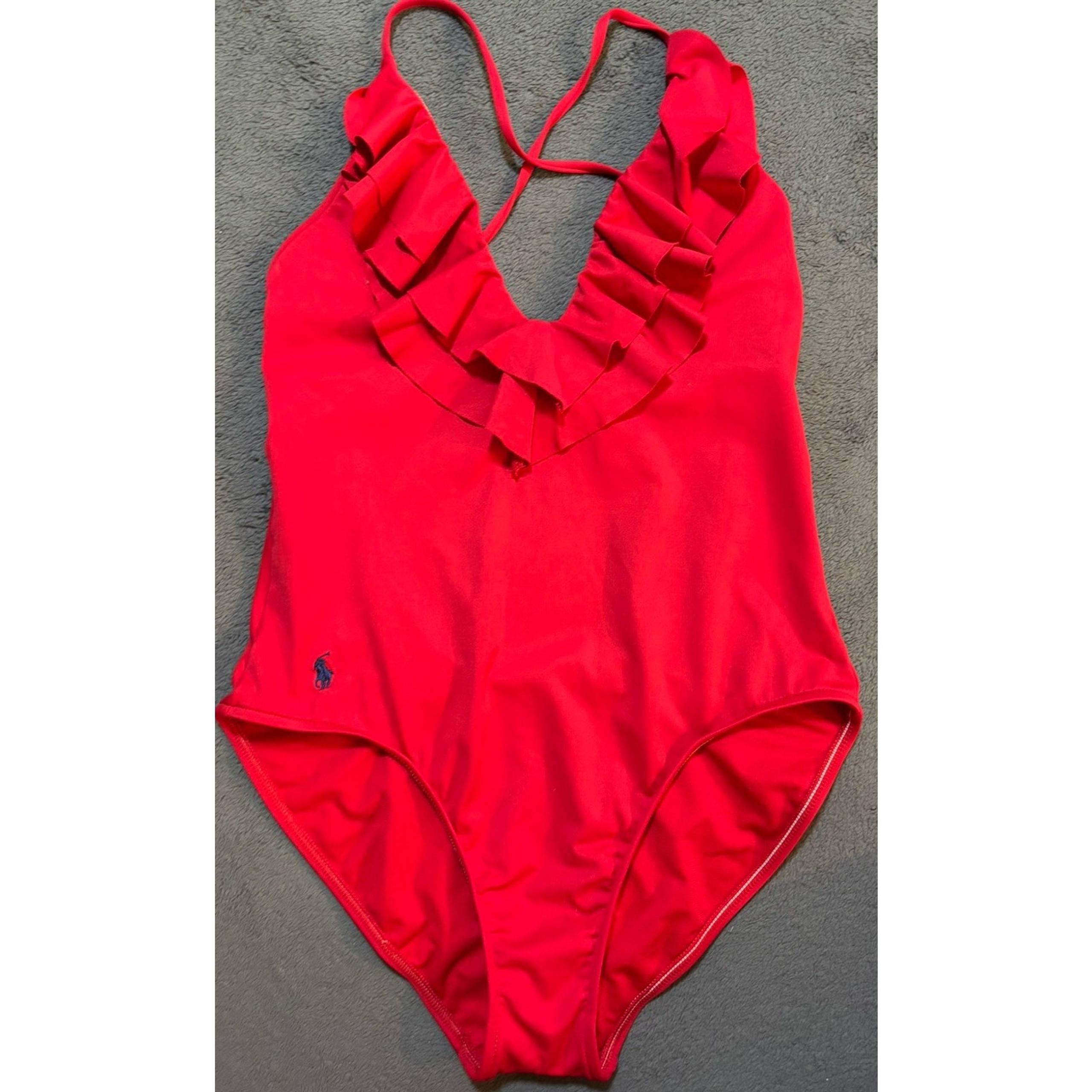 Polo Ralph Lauren Pony Logo One Piece Plunge Ruffle Trim Cross Back Swimsuit M