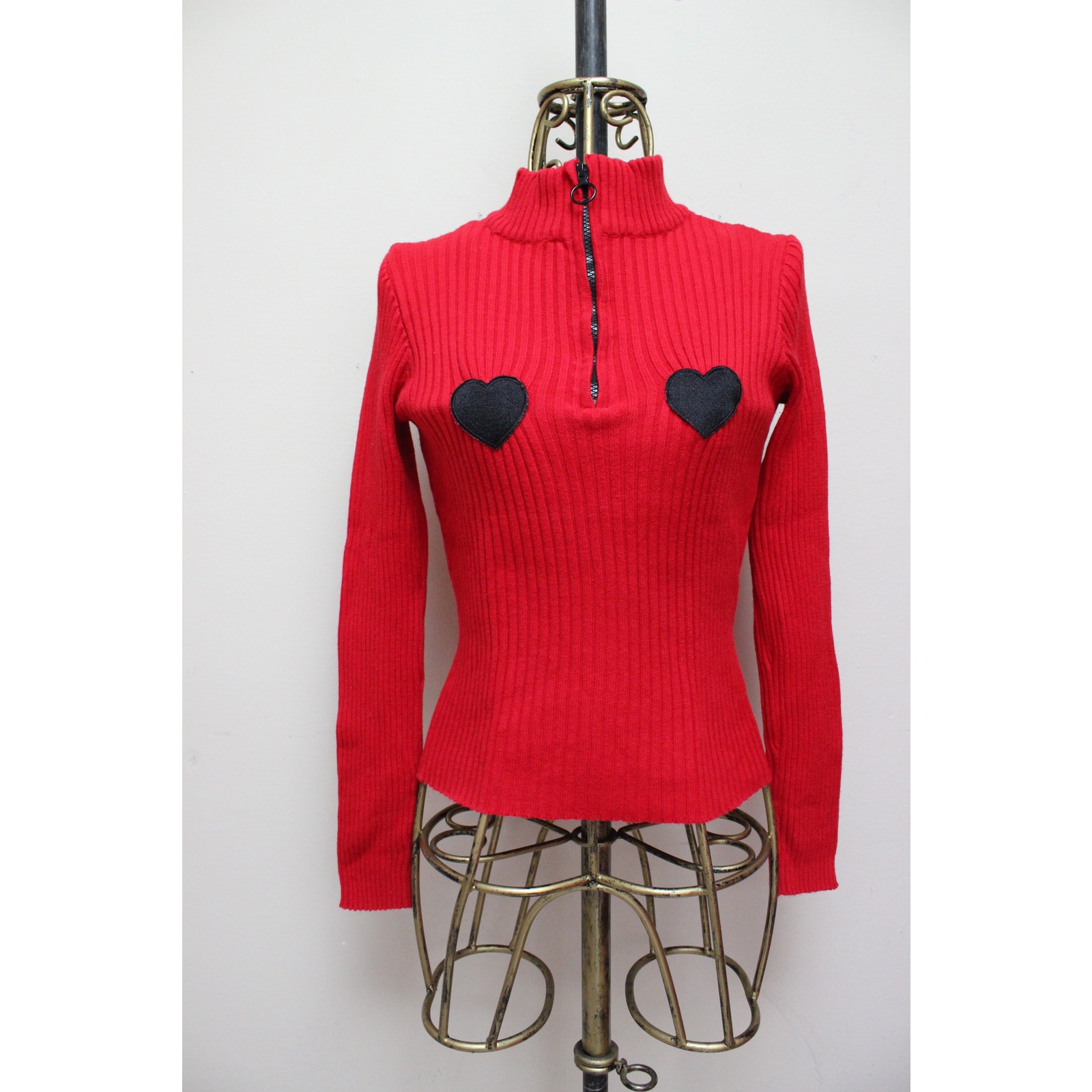 Lazy Oaf Red Heart Ribbed Turtleneck Sweater Size Medium